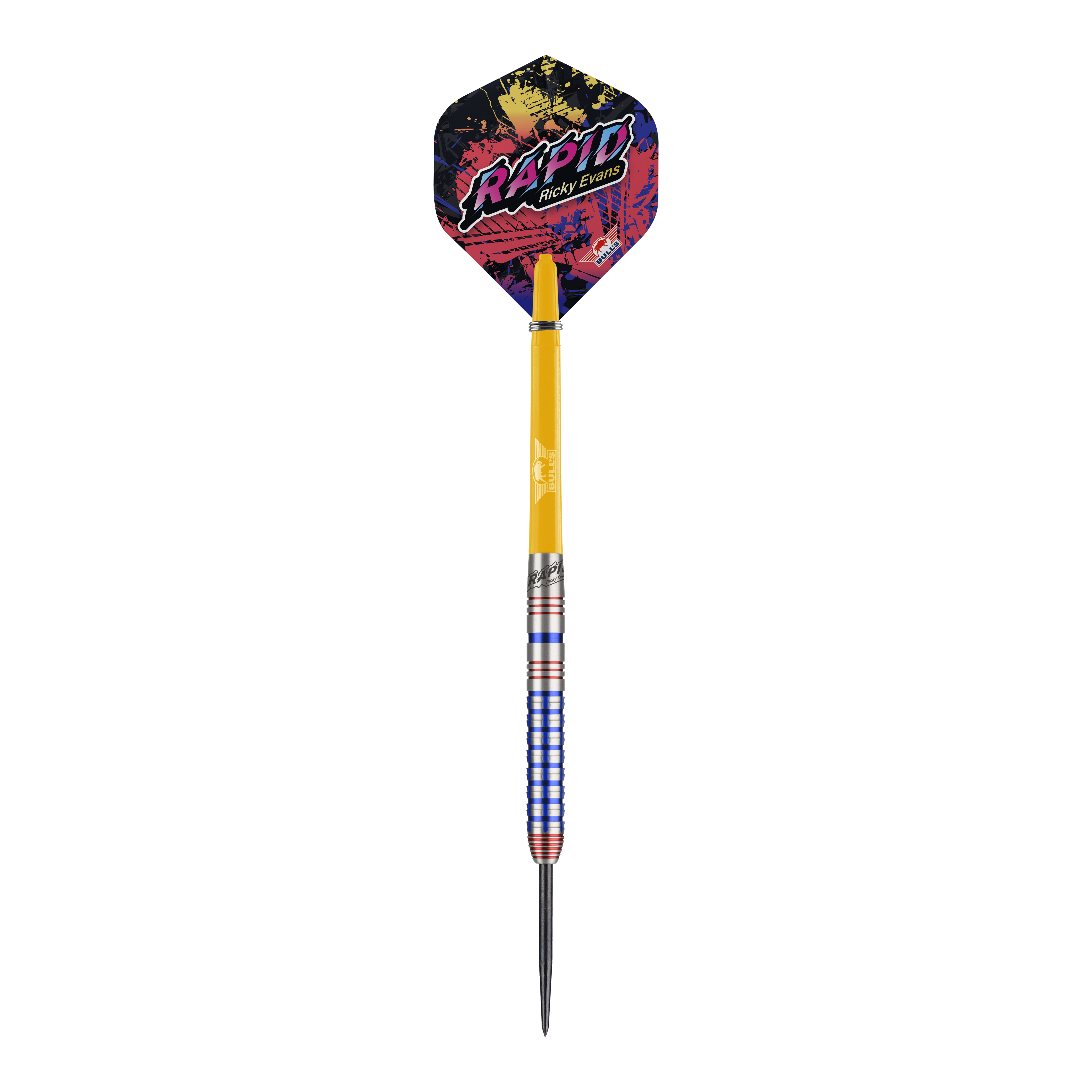 Bulls NL Ricky Evans Rapid Edition One Steeldarts Auf dem Bild ist ein Steeldart der Marke Bulls NL, Modell "Ricky Evans Rapid Edition One", zu sehen. Der Dart hat bunte Flights mit dem Schriftzug "RAPID Ricky Evans" und ein auffälliges Griffdesign in Silber, Blau und Rot.