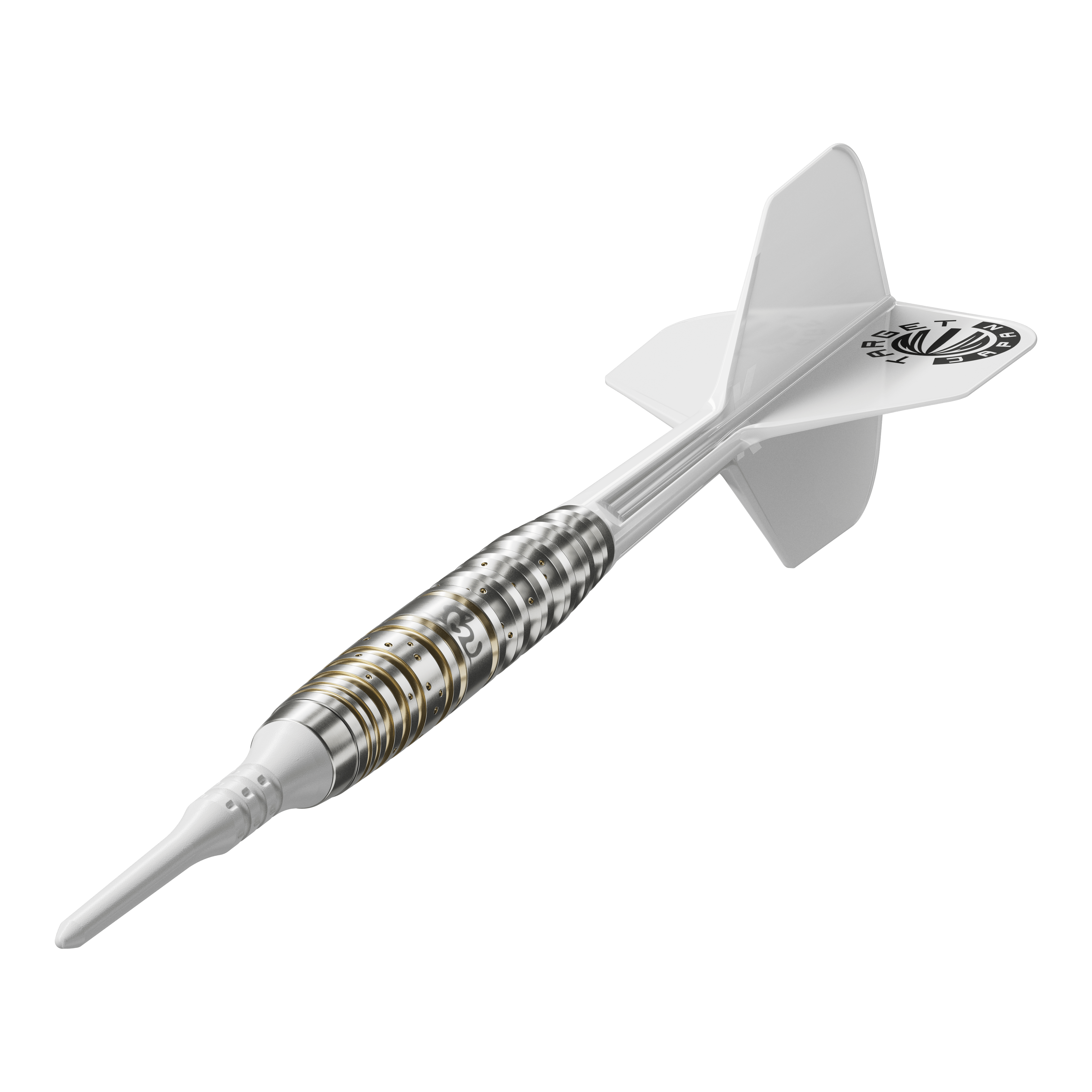 Das Bild zeigt einen Softdartpfeil aus der Target Japan Prime Series Mayujo Morita GEN6 mit einem Gewicht von 18g. Der Pfeil hat ein weißes Flight und ein silberfarbenes Barrel mit goldenen Akzenten.