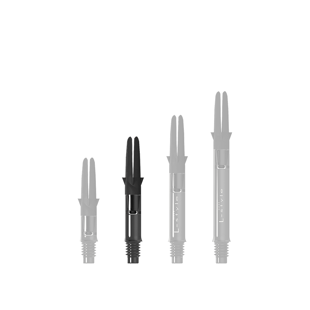 L-Style L-Shaft Carbon Silent Straight - Schwarz 190 Das Bild zeigt drei schwarze Dartshafts in unterschiedlicher Länge. Sie sind aus Carbon gefertigt und tragen die Aufschrift "L-Style".