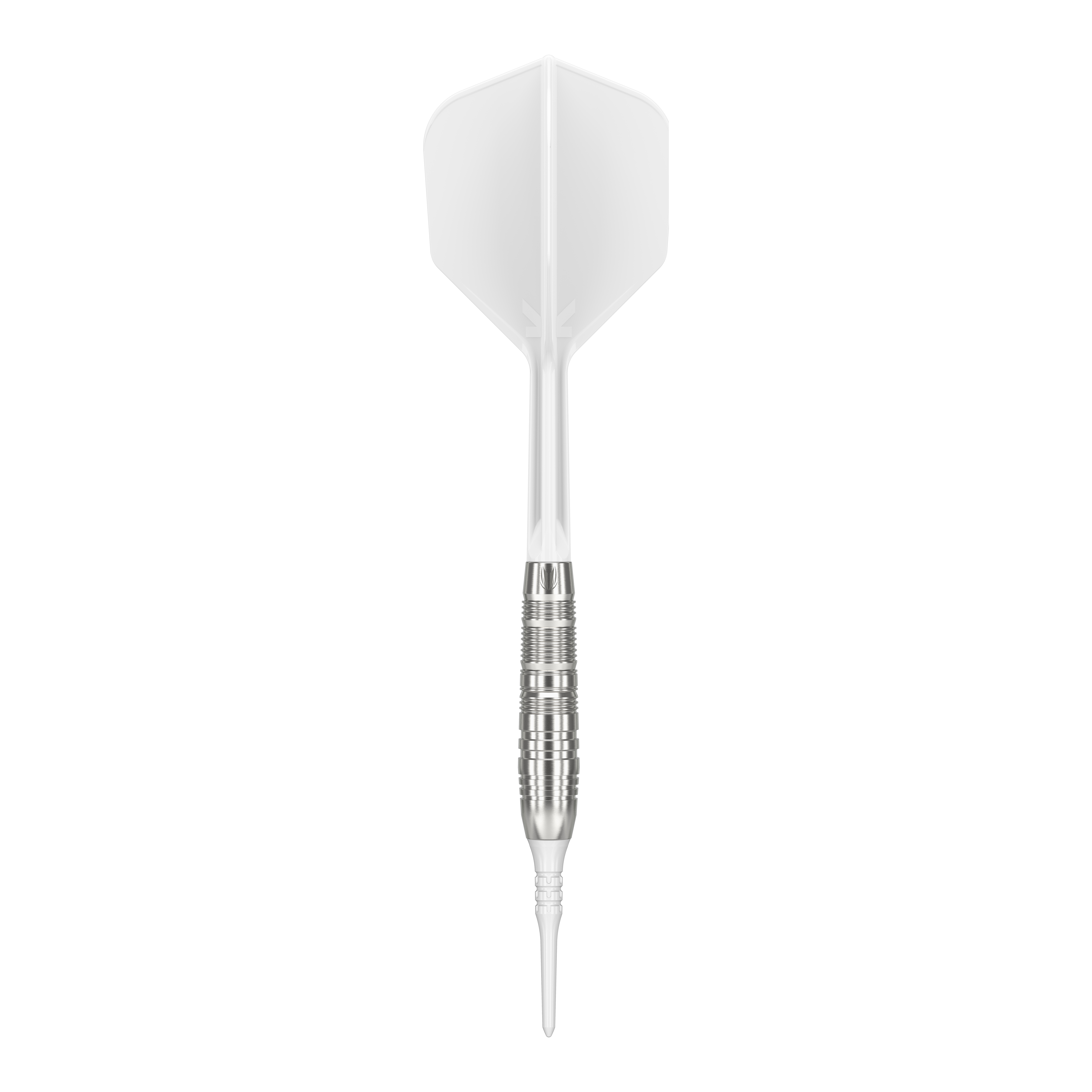 Target Japan Crux Trust Softdarts - 17g Das Bild zeigt einen Target Japan Crux Trust Softdart mit einem Gewicht von 17 Gramm. Der Dart hat einen silbernen, gerillten Schaft und weiße Flights.