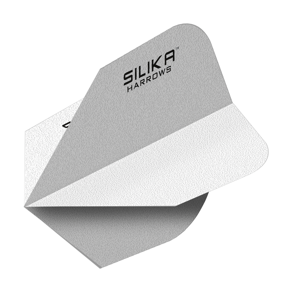 Das Bild zeigt ein weißes Dart-Flight mit der Aufschrift "Silika Harrows". Das Flight hat eine solide, strukturierte Oberfläche und ist speziell für hohe Haltbarkeit entwickelt.