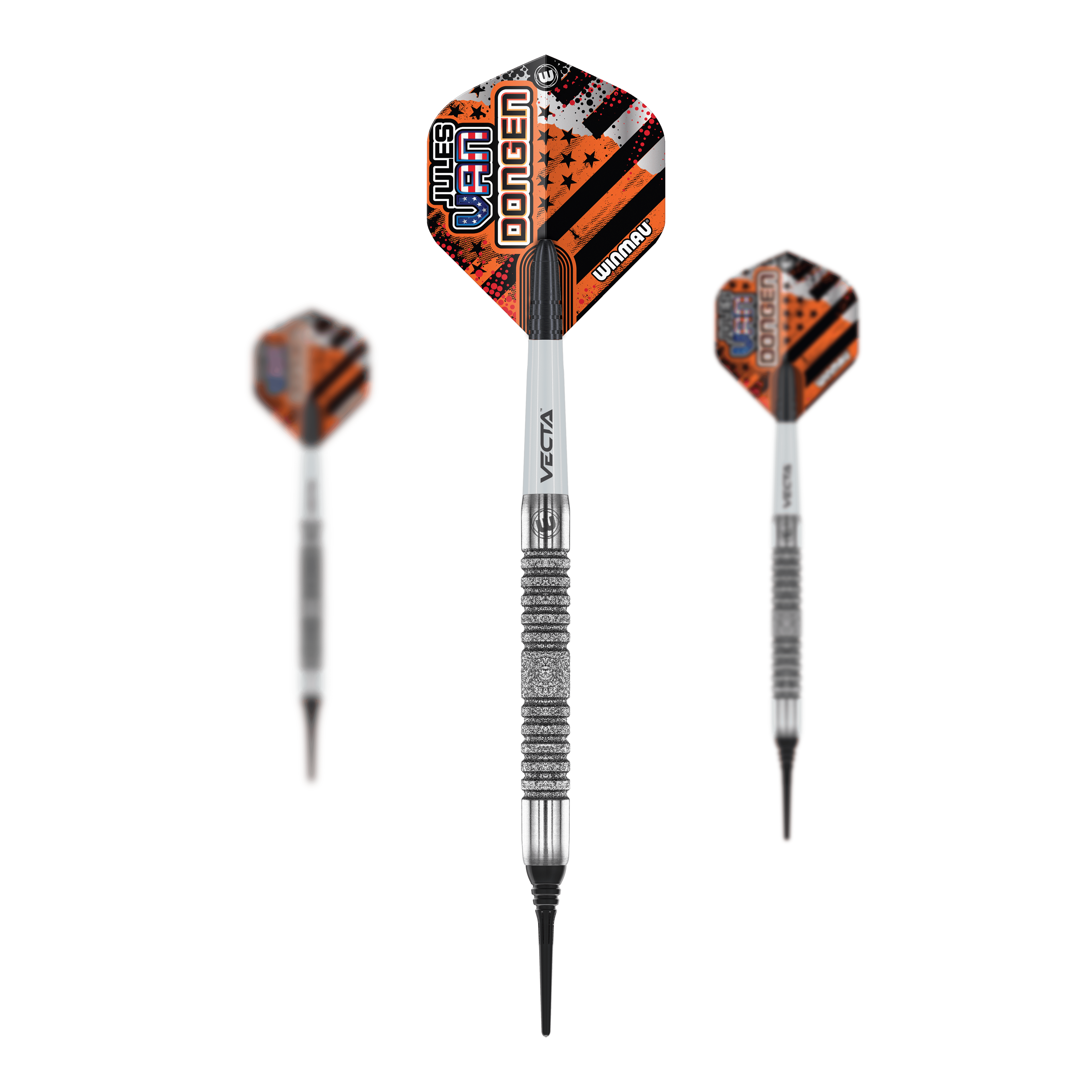 Das Bild zeigt drei Winmau Jules Van Dongen Softdarts mit einem Gewicht von 20g. Die Darts haben auffällige, orange-schwarze Flights und eine silberne, geriffelte Griffzone.