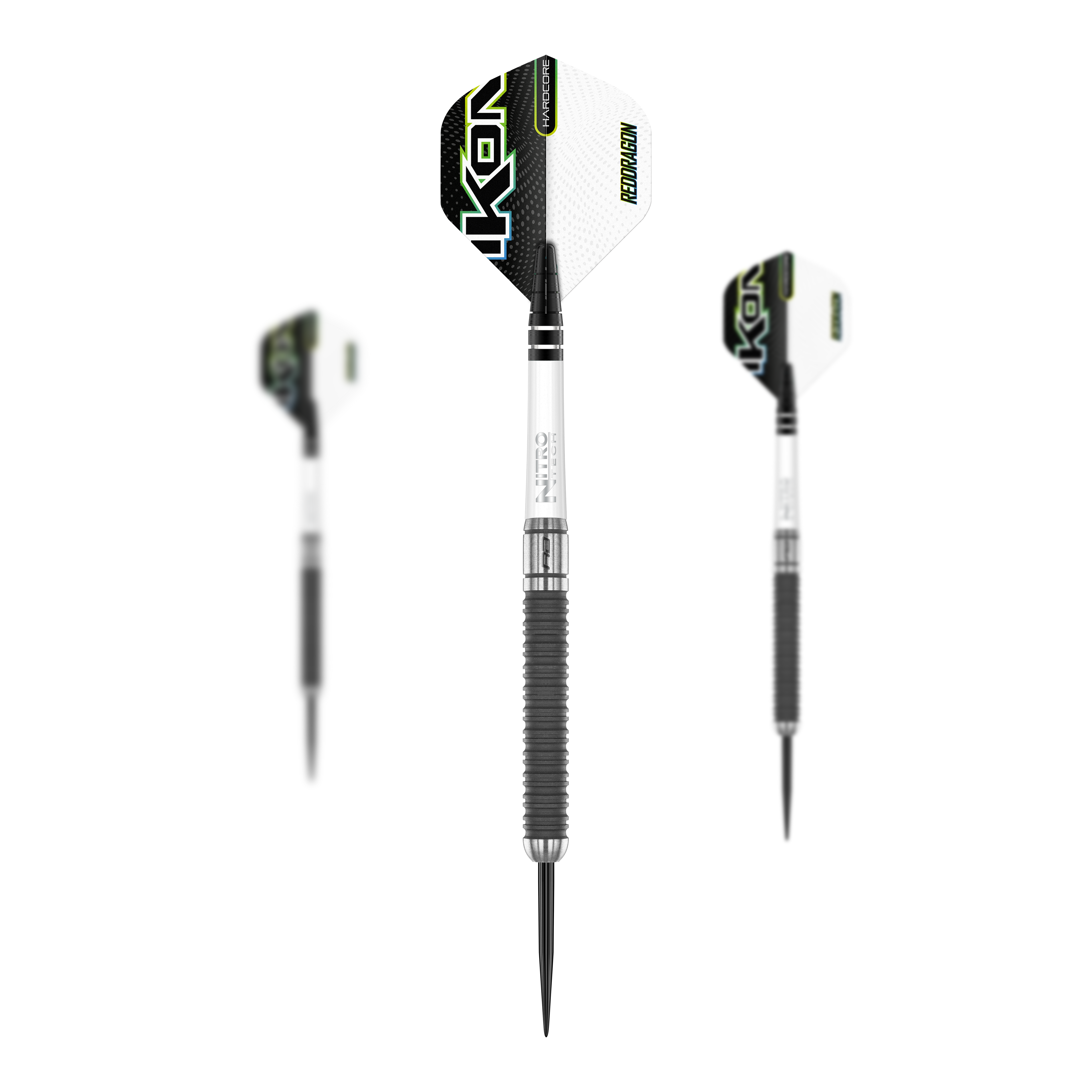Das Bild zeigt drei Steeldarts des Produkts "Red Dragon Ikon 4". Die Darts haben schwarze Spitzen, silberne Schäfte und weiße Flights mit grün-schwarzem Design.