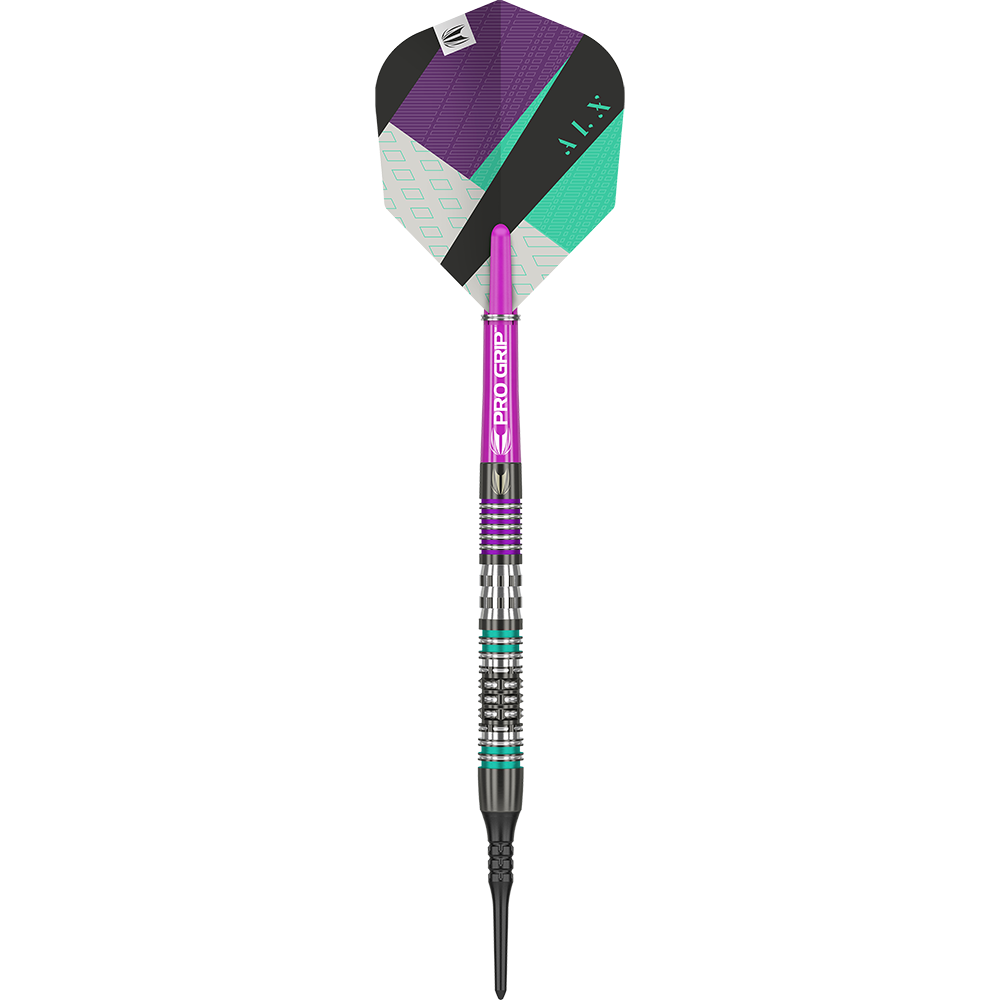 Das Bild zeigt einen Target ALX 11 Softdart. Der Dartpfeil hat ein farbiges Flight-Design in Lila, Schwarz und Türkis sowie einen metallischen Schaft mit lila und türkisfarbenen Akzenten.
