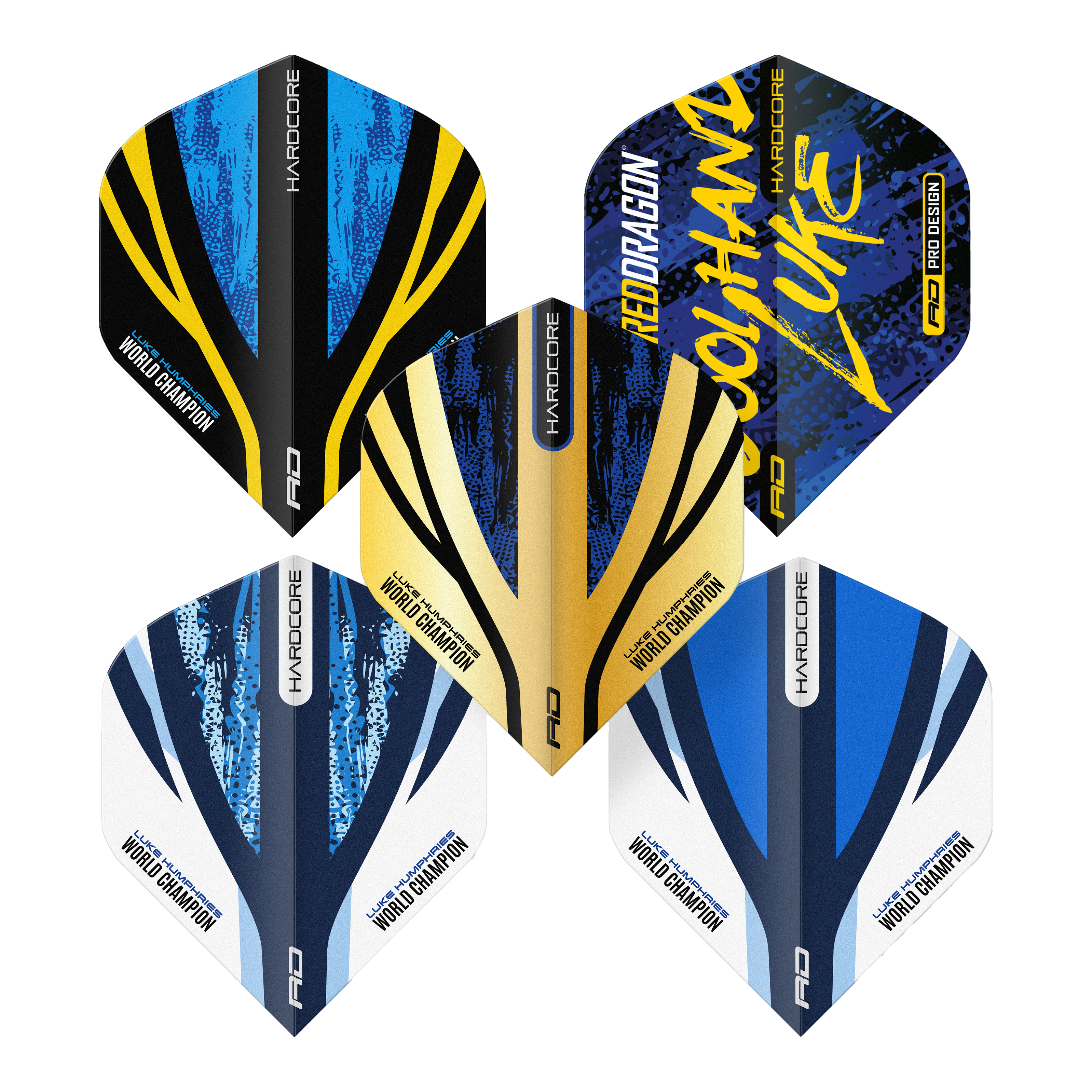 Das Bild zeigt fünf verschiedene Dartflights aus der "Red Dragon Luke Humphries Coolhand Hardcore Flight Collection". Die Flights sind in Blau-, Schwarz-, Gelb- und Weißtönen gestaltet und tragen Aufschriften wie "World Champion" und "Coolhand Luke".