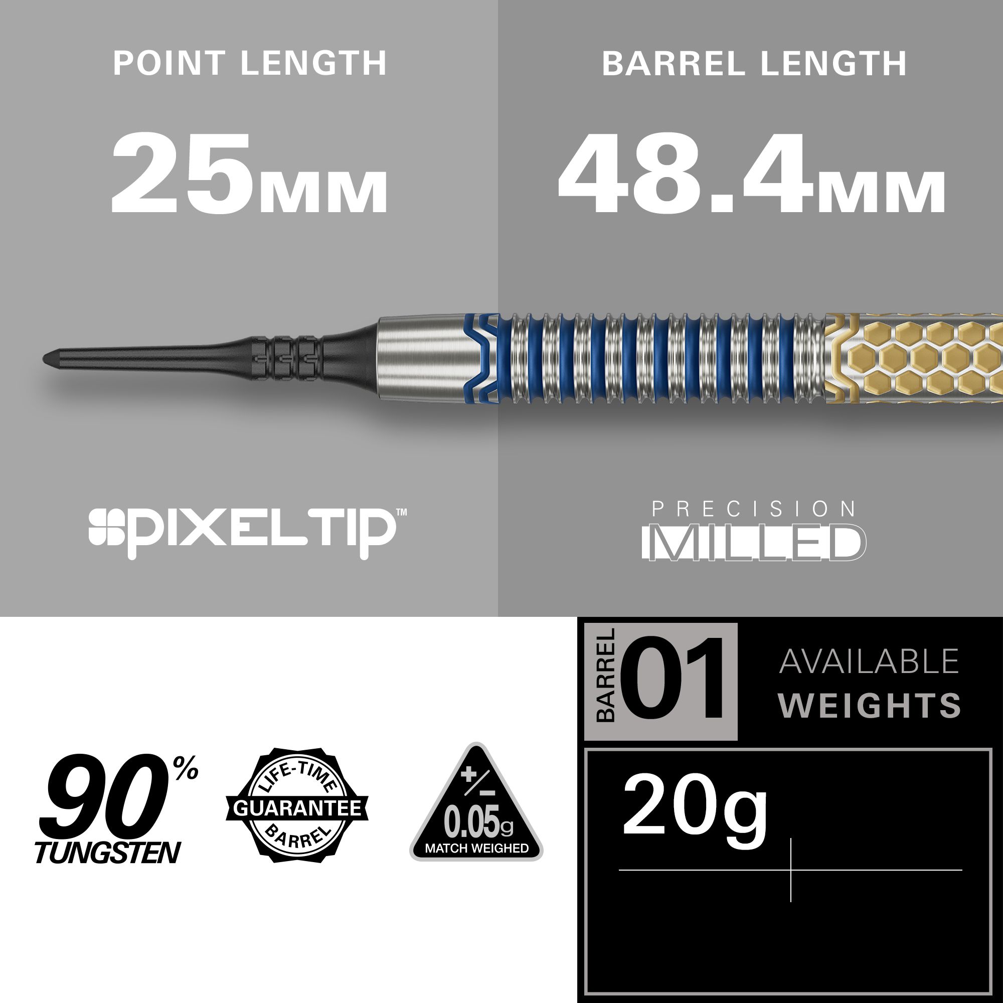 Target Josh Rock GEN1 Softdarts - 20g Das Bild zeigt den Softdart "Target Josh Rock GEN1" mit einem Gewicht von 20g. Der Dart hat eine Spitzenlänge von 25 mm, eine Barrel-Länge von 48,4 mm und besteht zu 90% aus Tungsten.