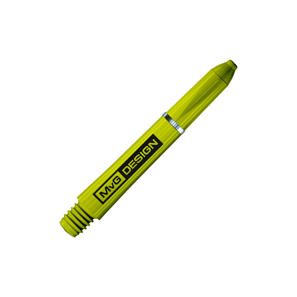 Das Bild zeigt einen gelben Dartshaft mit der Aufschrift "MvG DESIGN". Es handelt sich um das Produkt "Winmau Nylon Ring Grip MvG Design Shafts".