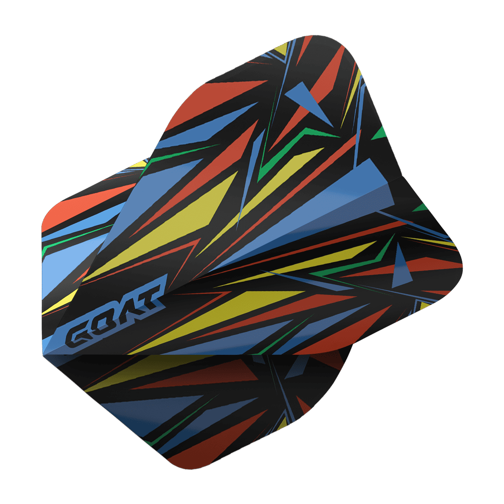 Das Bild zeigt das Produkt "GOAT Athlete Blue No2 Standard Flights". Die Flügel haben ein farbenfrohes, abstraktes Muster mit Blau, Gelb, Rot, Grün und Schwarz.