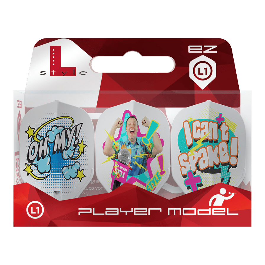 Die Verpackung zeigt die L-Style Wayne Mardle Type B L1EZ White Flights. Die Flights sind farbenfroh gestaltet und tragen Comic-Sprüche wie „OH MY!“ und „I can’t spake!“.