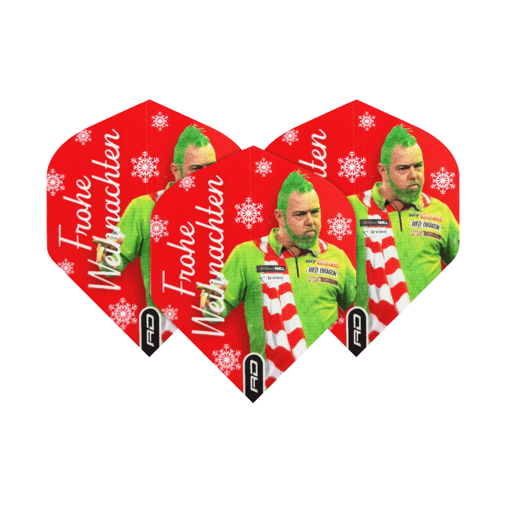 Abgebildet sind die Red Dragon Peter Wright Grinch Standard Weihnachtsflights. Die Flights sind mit einem weihnachtlichen Motiv gestaltet.