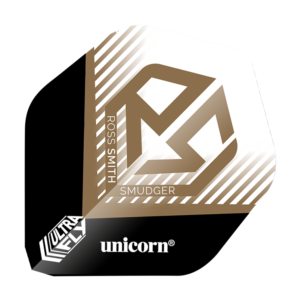 Das Bild zeigt einen Dartflight mit der Aufschrift „ROSS SMITH SMUDGER“ und einem goldenen Logo auf weißem Hintergrund. Unten befinden sich die Markenbezeichnungen „ultrafly“ und „unicorn“.