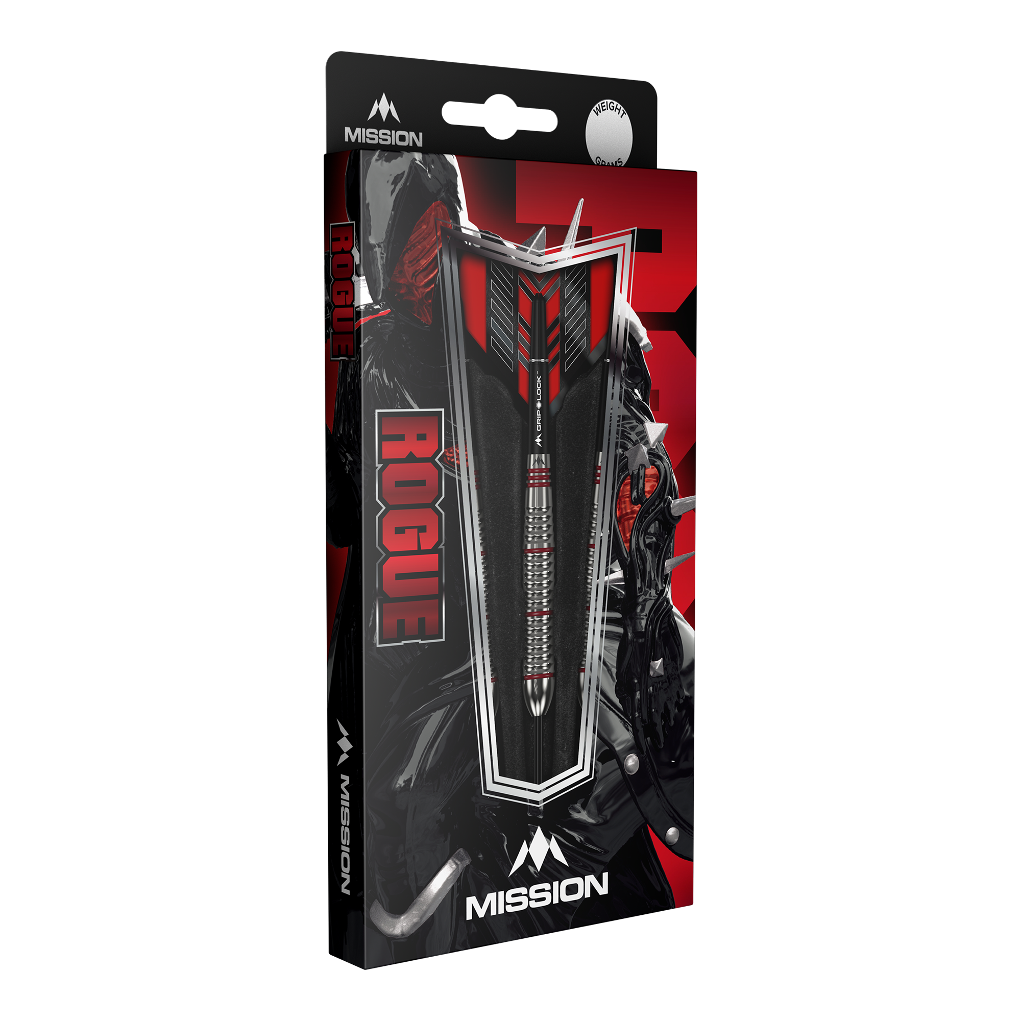Mission Rogue Brass Steeldarts - 22g Die Abbildung zeigt die Verpackung der "Mission Rogue Brass Steeldarts - 22g". Die Verpackung ist überwiegend schwarz und rot gestaltet und zeigt den Dartpfeil sowie das Rogue-Logo deutlich.