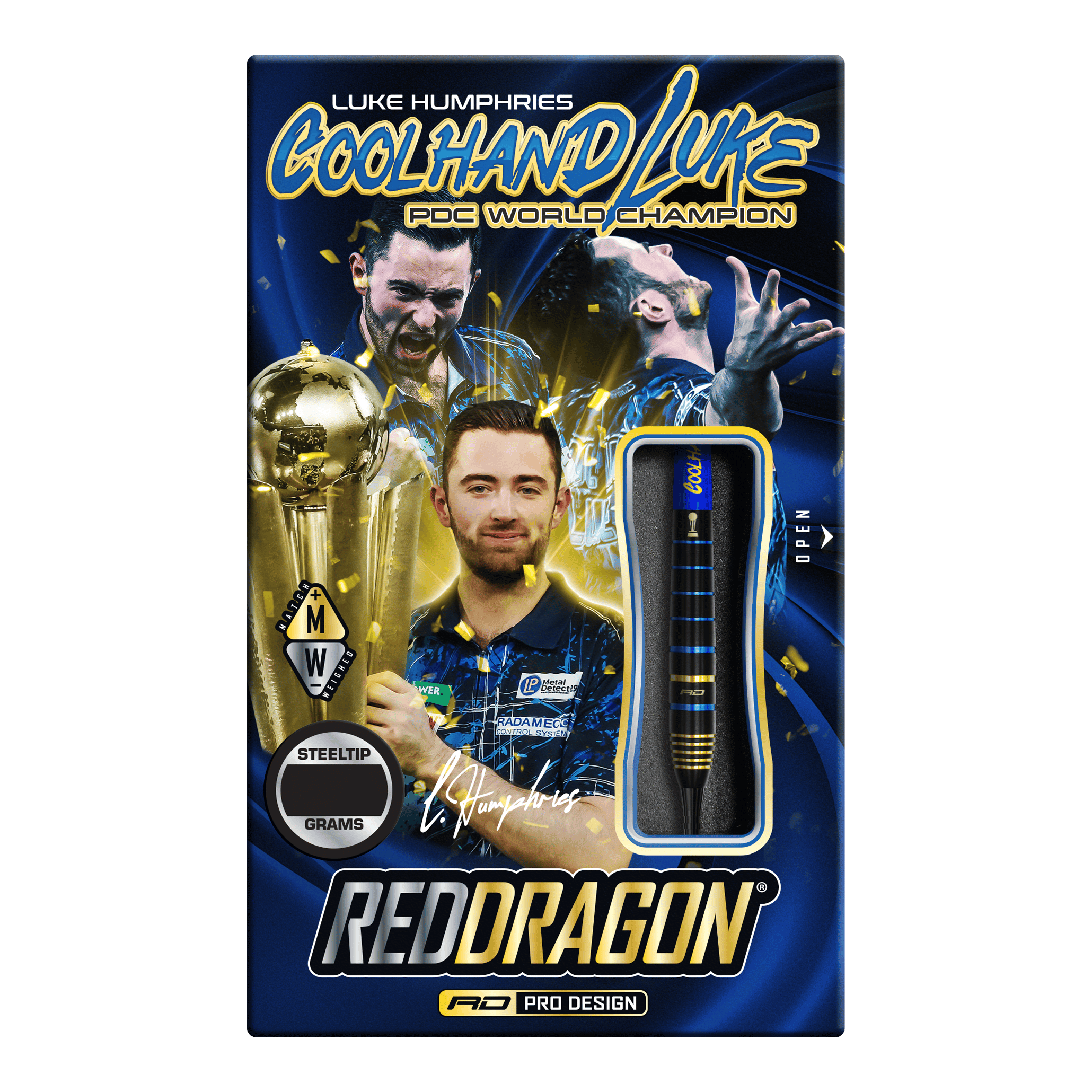Die Verpackung zeigt die "Red Dragon Luke Humphries TX4 Avenger Steeldarts" mit einem Bild von Luke Humphries als PDC Weltmeister. Die Darts sind im Design sichtbar und die Packung ist in Blau und Gold gestaltet.