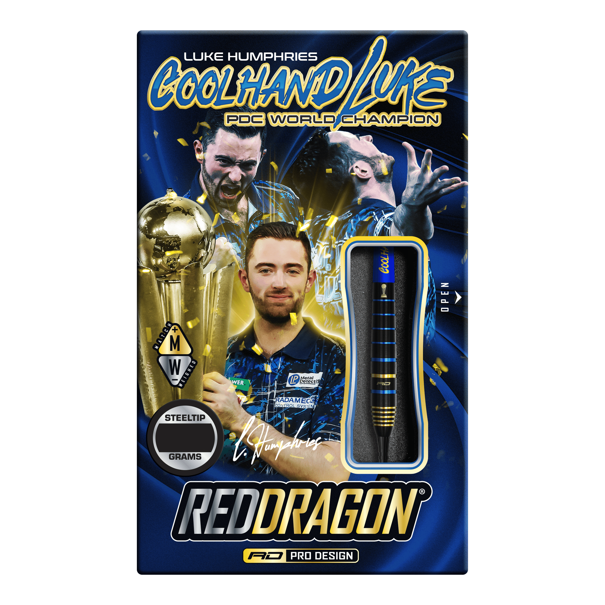 Red Dragon Luke Humphries TX4 Avenger Steeldarts Die Verpackung zeigt die "Red Dragon Luke Humphries TX4 Avenger Steeldarts" mit einem Bild von Luke Humphries als PDC Weltmeister. Die Darts sind im Design sichtbar und die Packung ist in Blau und Gold gestaltet.