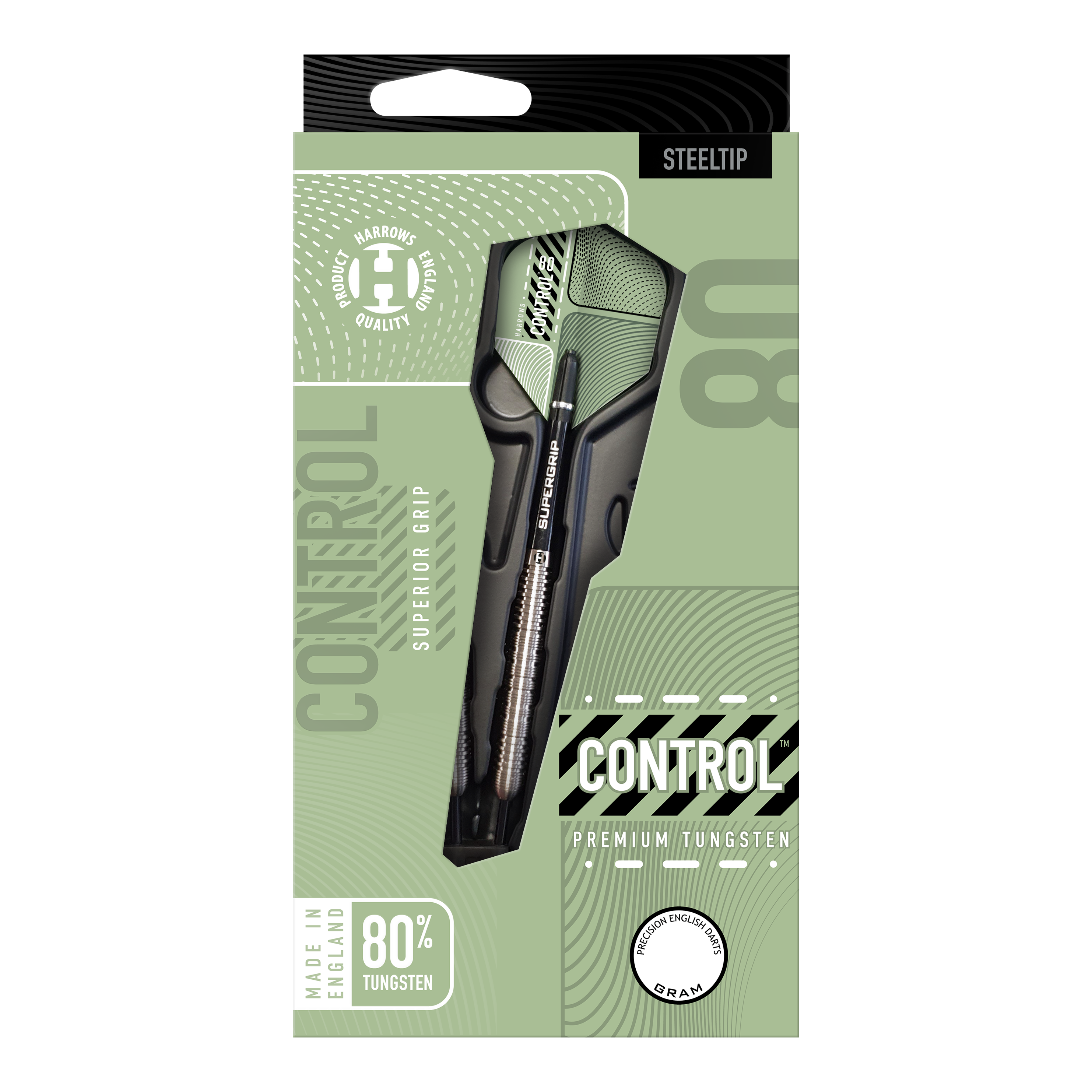 Die Abbildung zeigt die Verpackung der "Harrows Control Parallel Steeldarts". Die Darts sind aus 80% Tungsten gefertigt und haben eine hochwertige Griffstruktur.