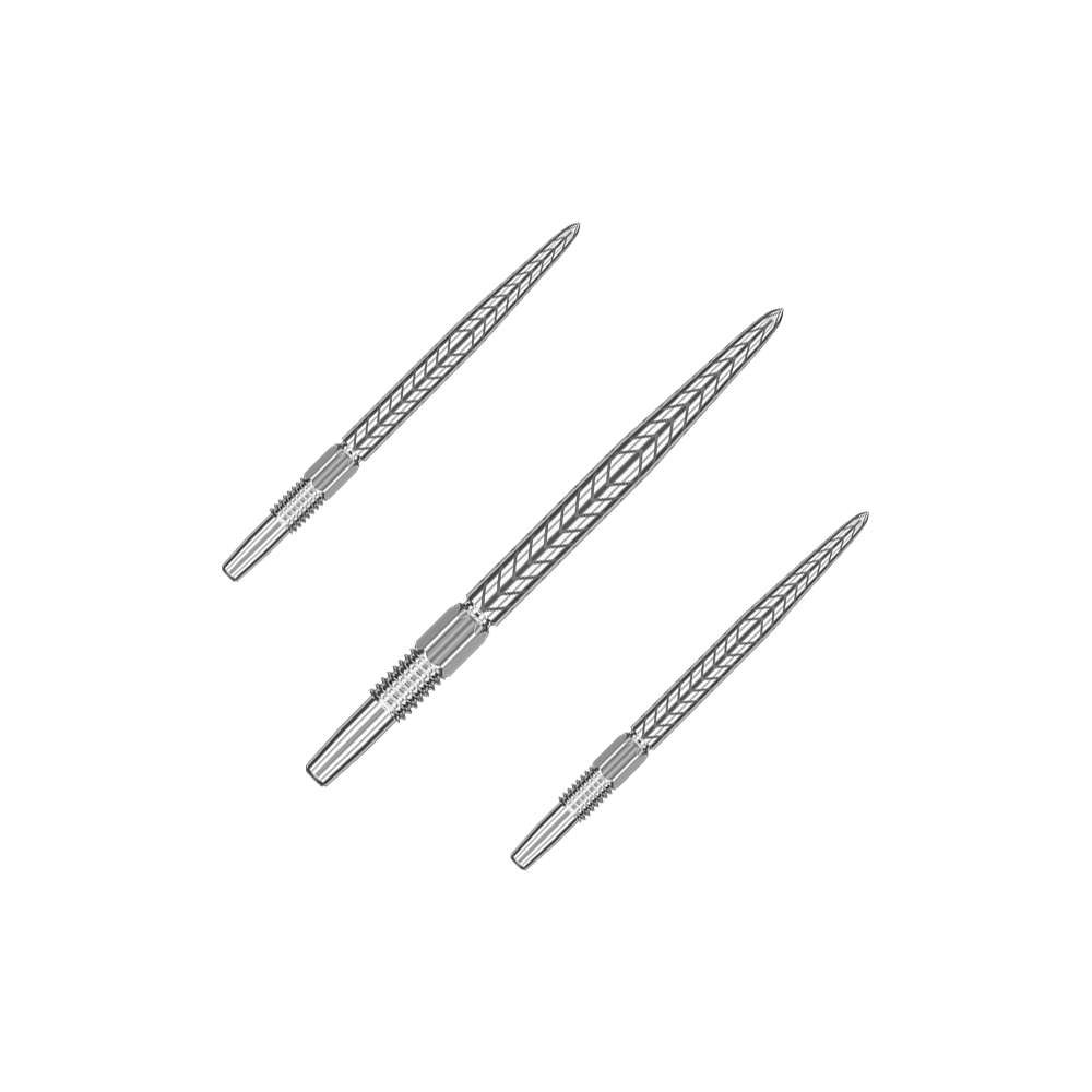 Target Swiss Point RVE Dartspitzen - Silber Auf dem Bild sind drei silberne Dartspitzen abgebildet. Sie haben ein dekoratives Muster und sind in einer diagonalen Linie angeordnet.