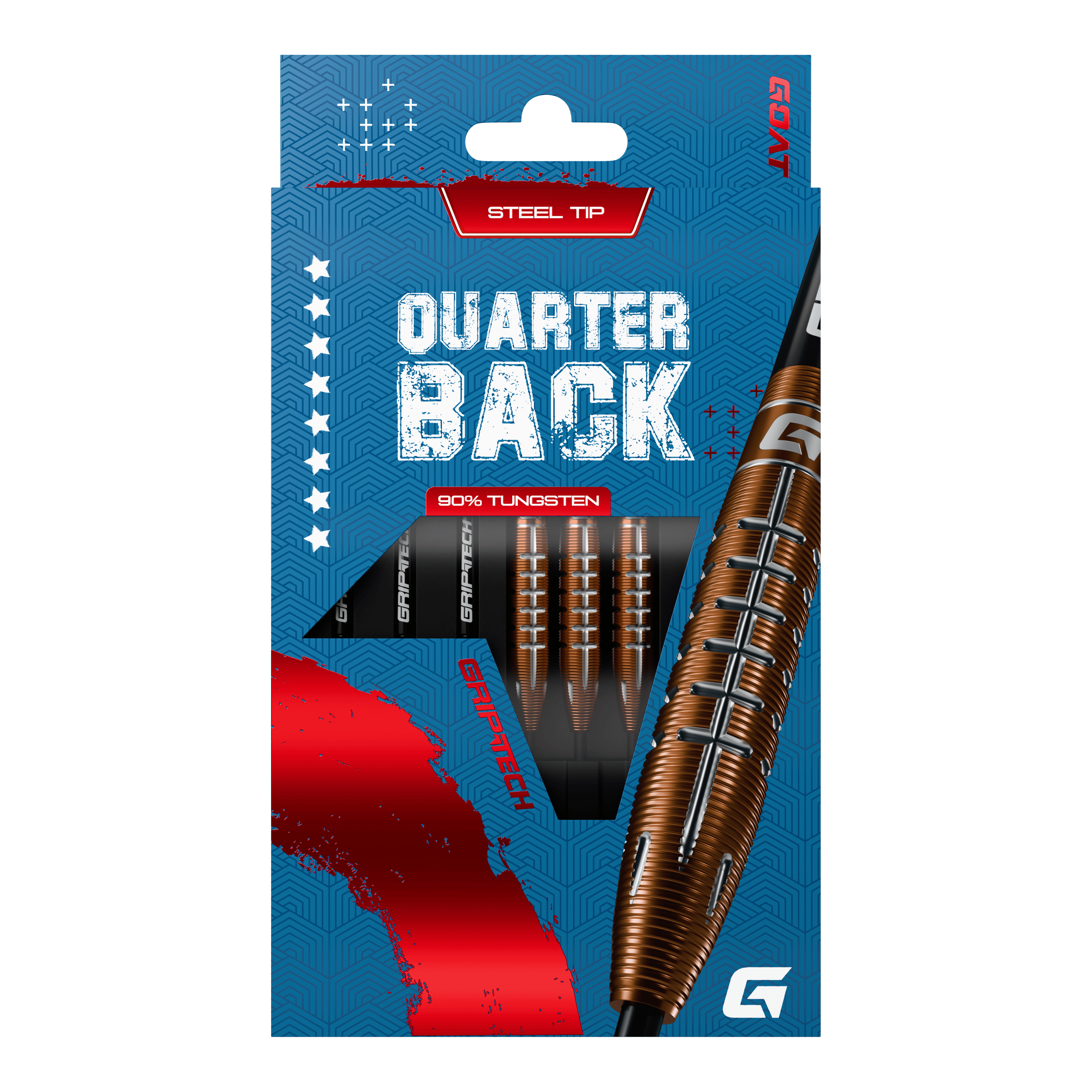 GOAT Quarterback V2 Tungsten Steeldarts - 24g Die Verpackung zeigt die "GOAT Quarterback V2 Tungsten Steeldarts - 24g" mit Stahlspitze. Die Darts bestehen zu 90% aus Tungsten und haben ein modernes Design.