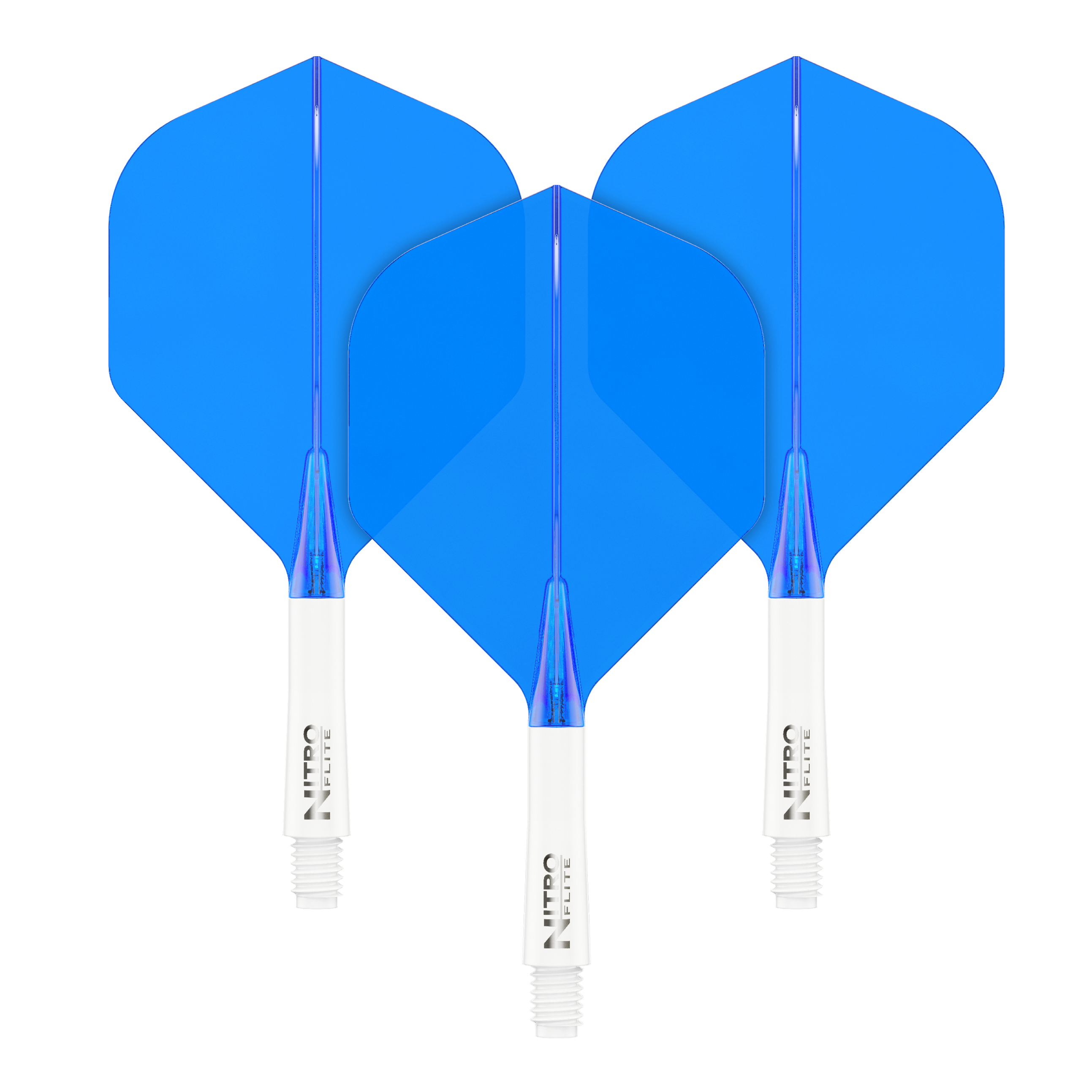 Red Dragon Nitroflite - White Shaft Blue No2 Flights Auf dem Bild sind drei blaue Dart-Flights mit weißen Schäften zu sehen. Sie stehen nebeneinander und haben die gleiche Größe und Form.