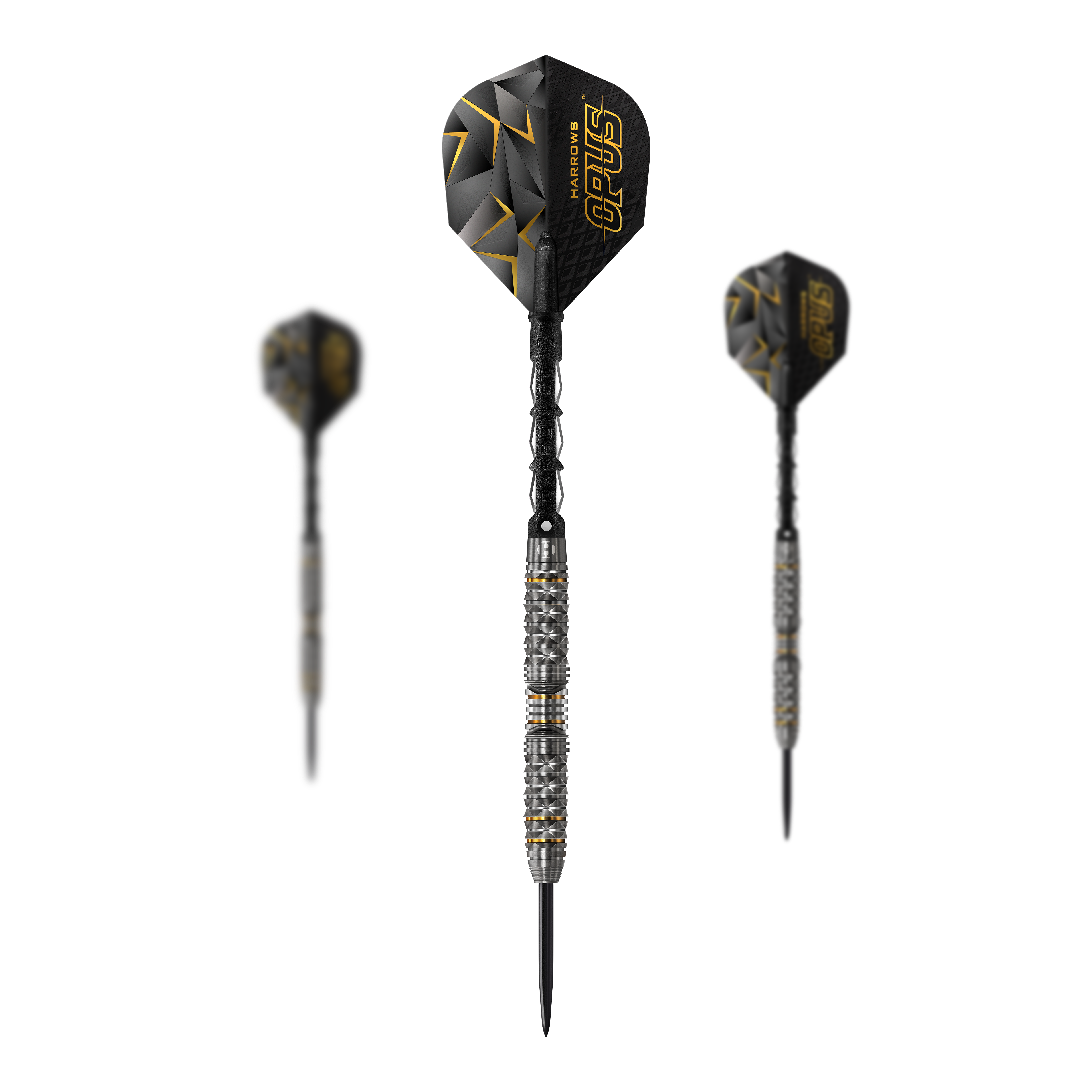 Harrows Opus Steeldarts Das Bild zeigt drei Steeldarts der Marke Harrows Opus. Die Darts haben ein schwarz-gelbes Design mit auffälligen Griffringen am Barrel.