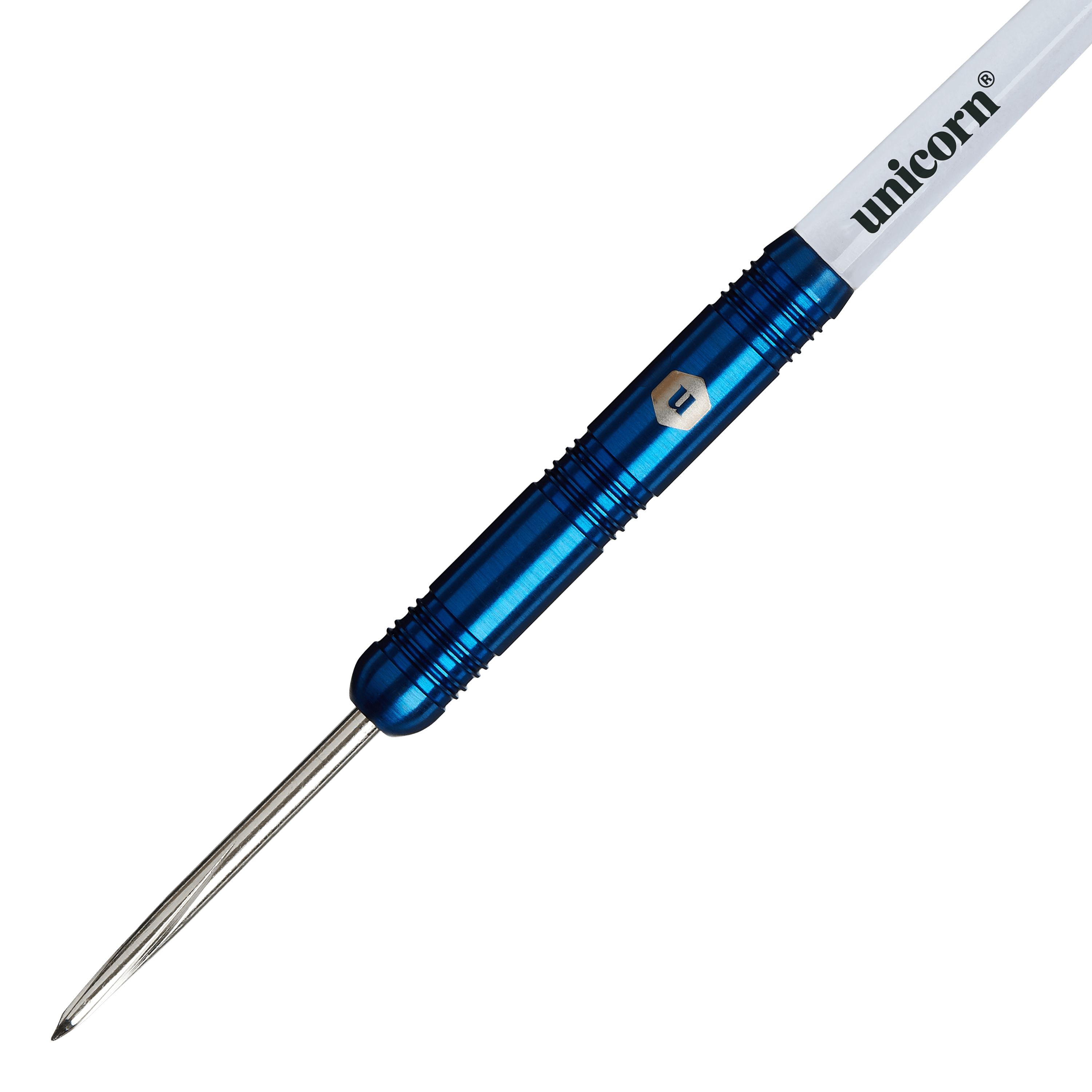 Auf dem Bild ist ein Steeldart der Marke „Unicorn Prodigy 01 Parallel“ zu sehen. Der Dart hat einen blauen Metallkörper und einen weißen Schaft mit dem Schriftzug „unicorn“.