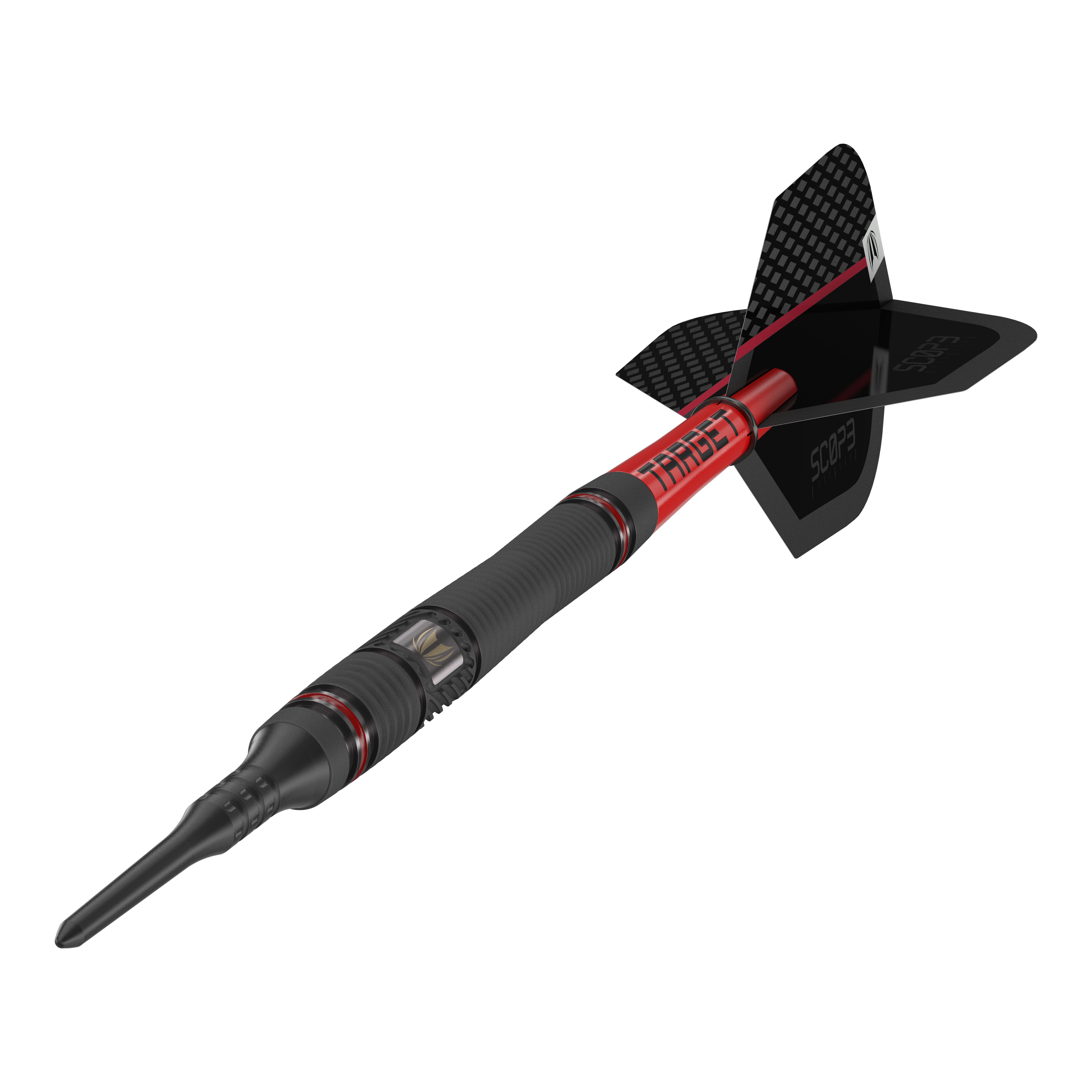Target Scope 11 Softdarts Das Bild zeigt einen Target Scope 11 Softdart mit schwarzem und rotem Design. Der Dartpfeil hat eine schwarze Spitze und eine schwarze Flight-Fläche mit Schriftzug.