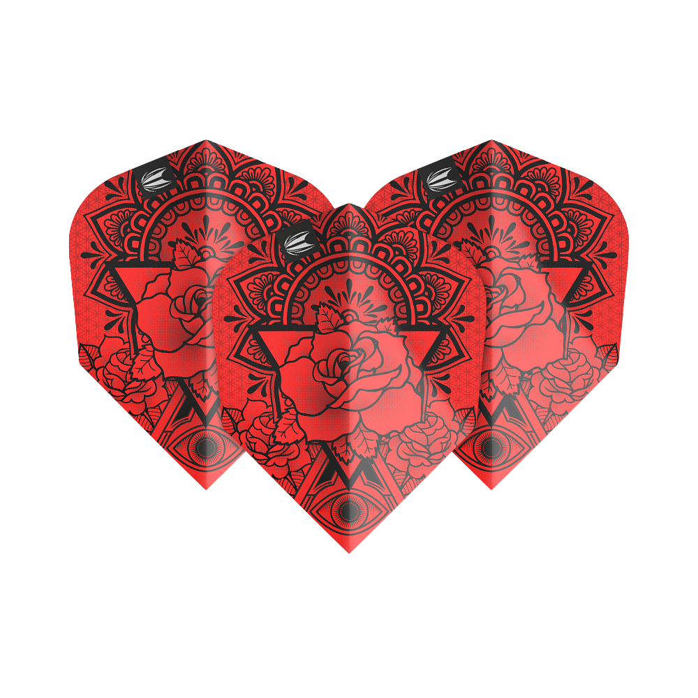 TG482_335420_Target_ProUltra_Ink_Red_No6_Flights_1S7VFT65pCeME2 Das Bild zeigt die Target ProUltra Ink Red No6 Flights mit einem auffälligen roten Design. Auf den Flights ist ein detailliertes Muster mit einer Rose und geometrischen Elementen zu sehen.