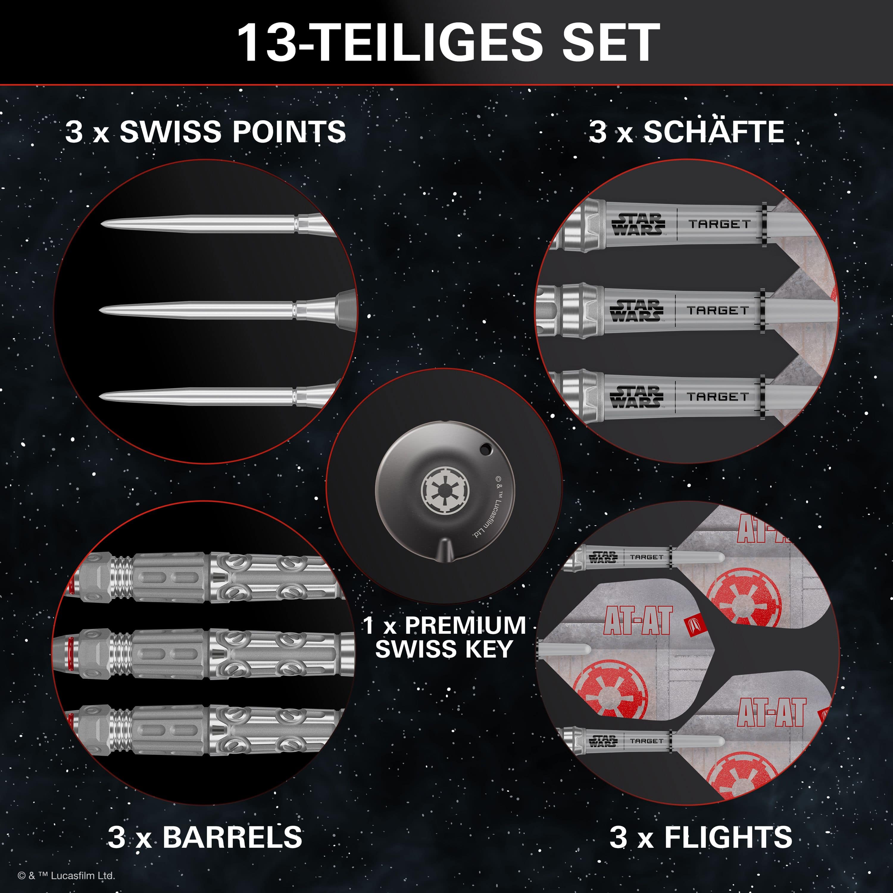 Auf dem Bild sieht man die Target Star Wars AT-AT Swiss Point Steeldarts. Sie sind von den bekannten AT-AT-Maschinen aus Star Wars inspiriert.