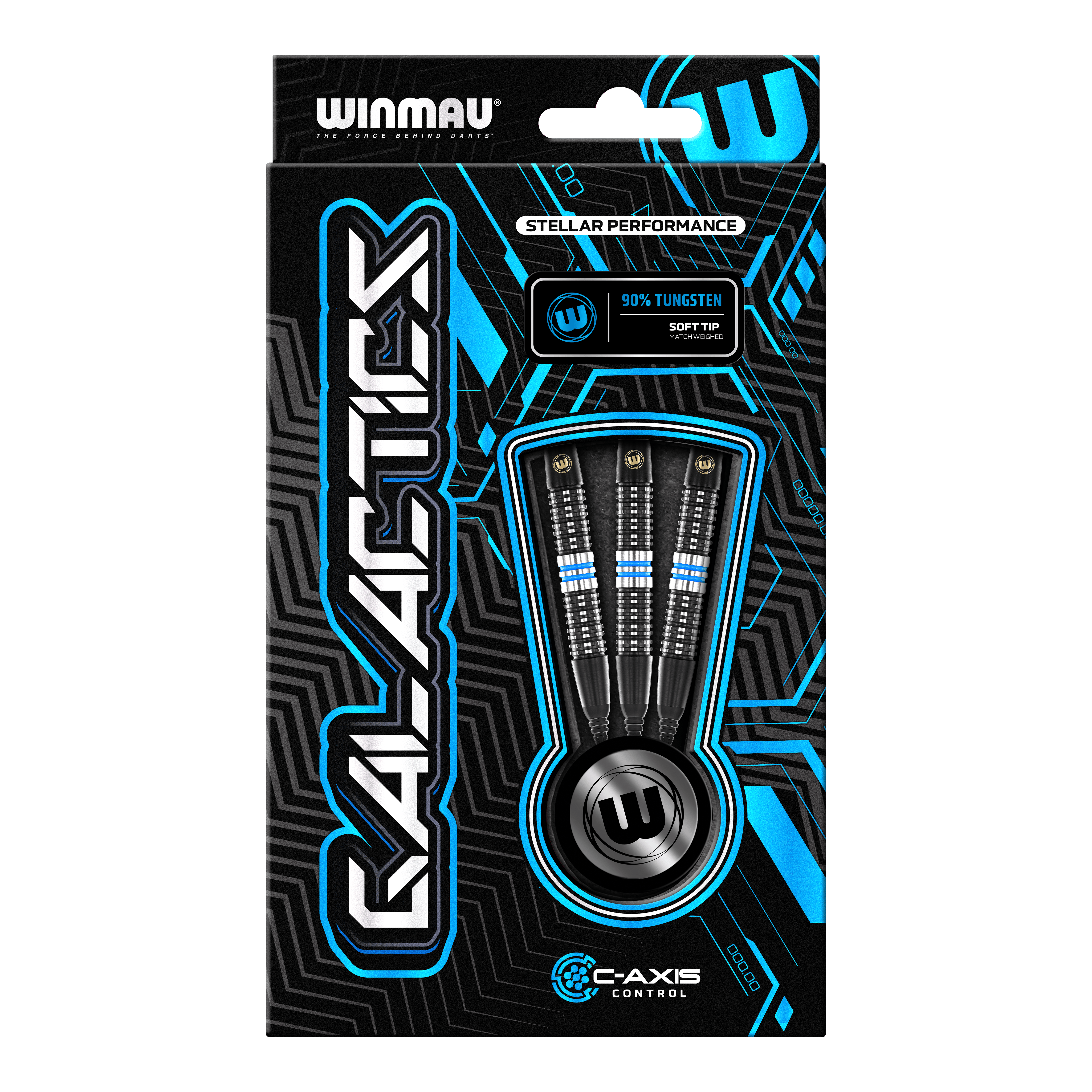 Winmau Galactics Softdarts - 20g Die Abbildung zeigt eine Verpackung der "Winmau Galactics Softdarts - 20g". Das Design ist modern und hebt die wichtigsten Merkmale wie 90% Tungsten und Soft Tip hervor.