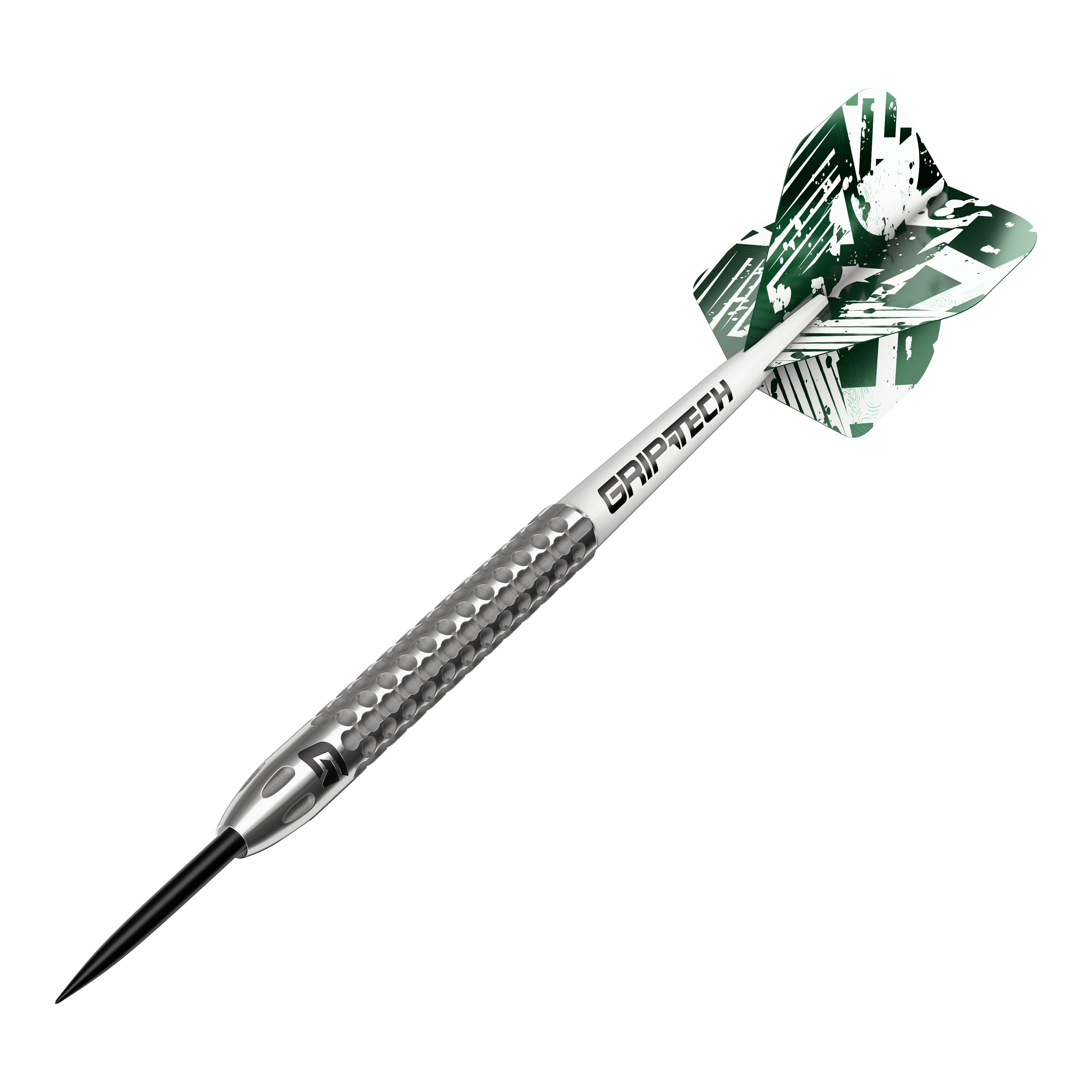 GOAT Fairway V2 Tungsten Steeldarts Das Bild zeigt einen GOAT Fairway V2 Tungsten Steeldart. Der Dartpfeil hat ein silbernes Griffstück mit strukturierter Oberfläche und grüne Flights mit weißem Muster.