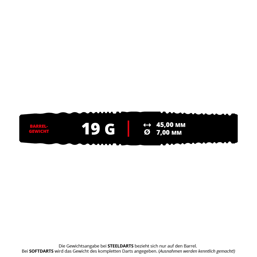 Das Bild zeigt die Produktdaten der "Target Japan Cathy Leung Charis GEN5 Softdarts - 19g". Die Darts haben ein Barrel-Gewicht von 19 Gramm, eine Länge von 45,00 mm und einen Durchmesser von 7,00 mm.