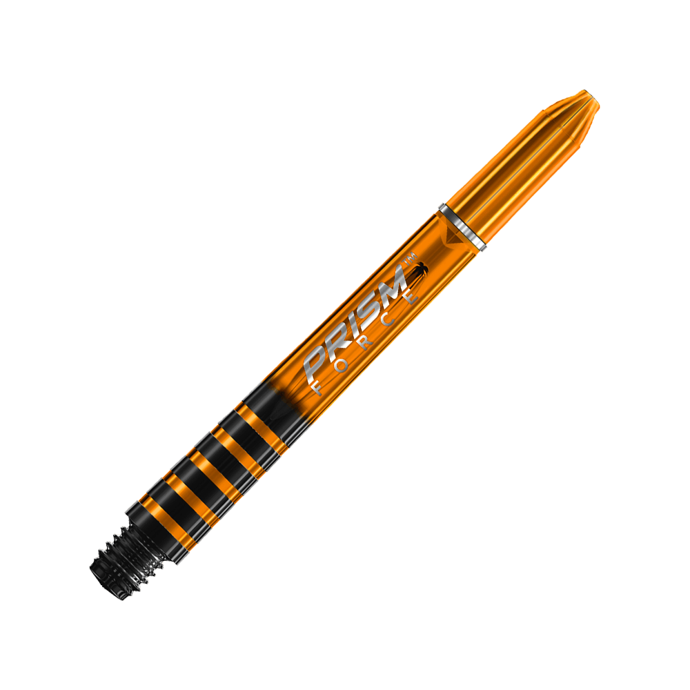 Das Bild zeigt einen orangefarbenen Winmau Prism Force Shaft. Der Schaft hat schwarze Akzente und die Aufschrift "PRISM FORCE".