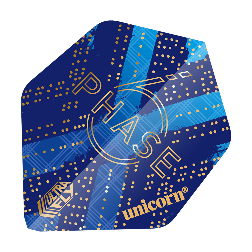 Das Bild zeigt das Produkt "Unicorn Ultra Fly 100 Gary Anderson World Champion Phase 6 AR2 Flights". Das Design ist überwiegend blau mit goldenen Punkten und Schriftzügen wie "PHASE" und "unicorn".