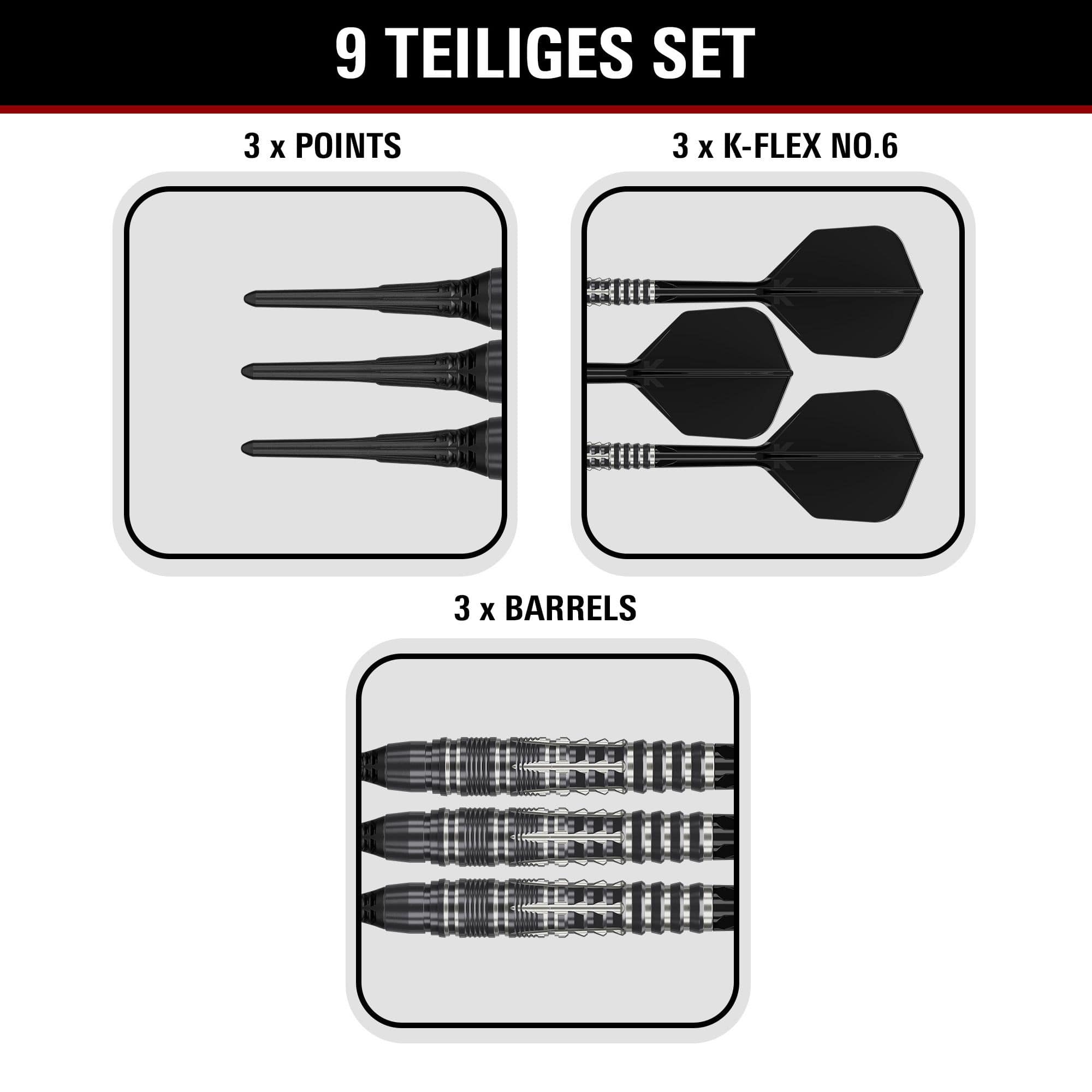 Target Black Marque Blaze Softdarts - 18g Gezeigt werden die Target Black Marque Blaze Softdarts mit 18g Gewicht. Diese Softdarts sind für ambitionierte Spieler entworfen.