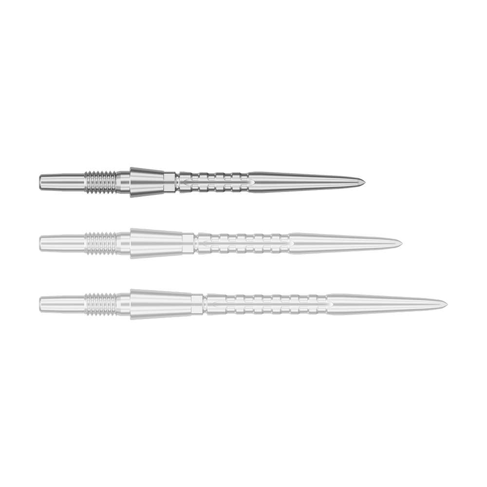 Target Swiss Point Storm Surge Steeldartspitzen - Silber Das Bild zeigt drei silberne Steeldartspitzen, die nebeneinander liegen. Sie haben eine gerillte Struktur und eine spitz zulaufende Form.
