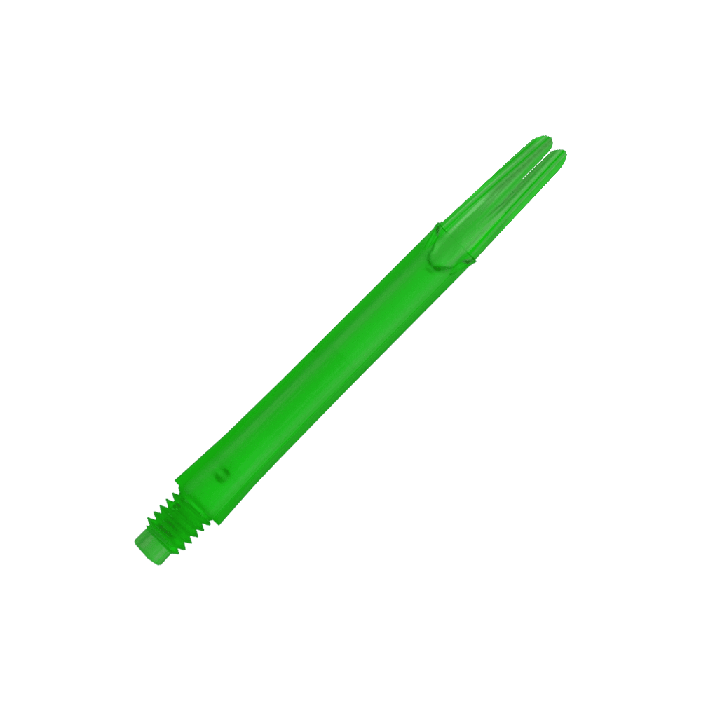L-Style L-Shafts Locked Straight - Green 330 Das Bild zeigt einen geraden, grünen Dart-Schaft ohne Kappen. Der Schaft hat ein Gewinde an einem Ende und ist durchsichtig.