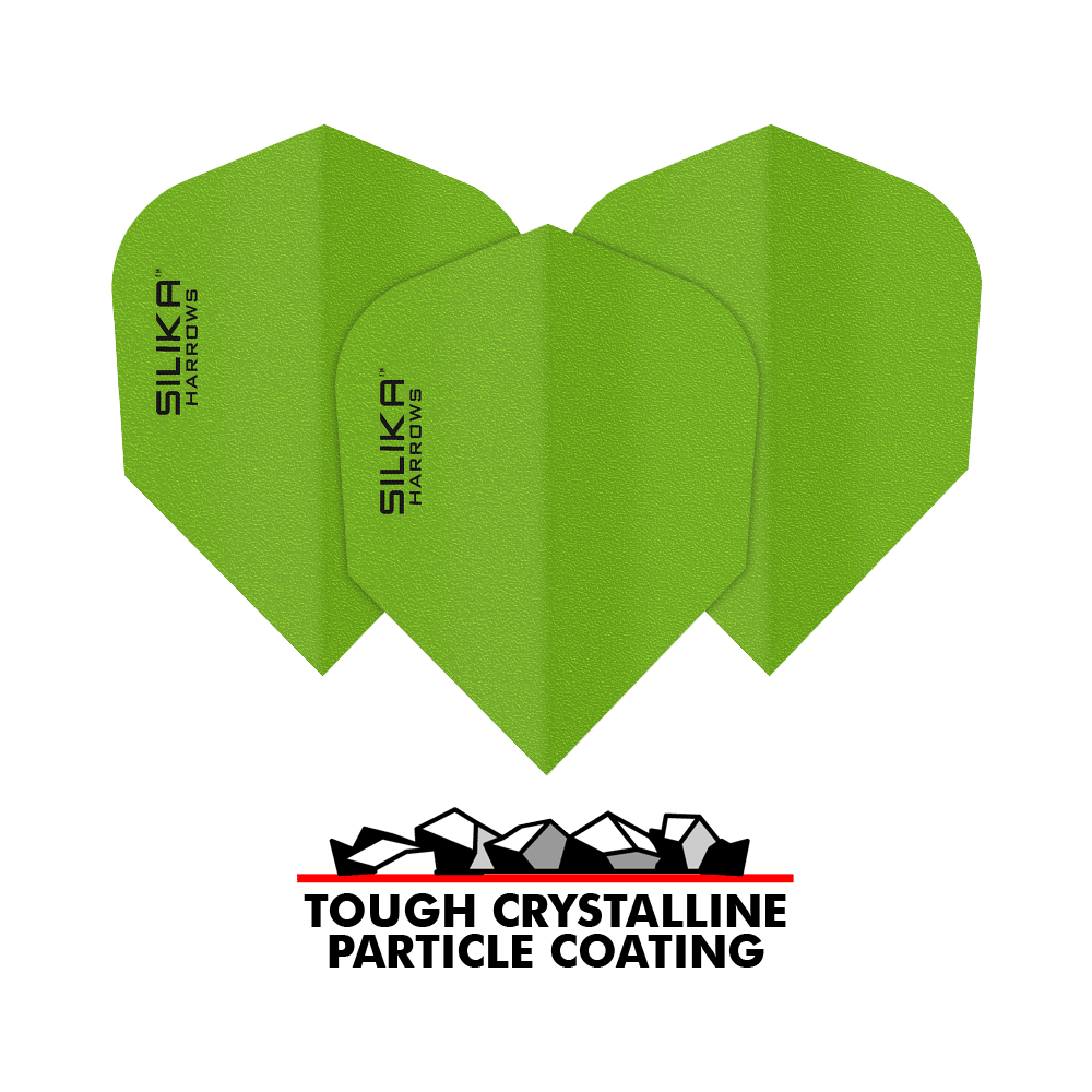 Das Bild zeigt drei grüne Dartflights der Marke Harrows Silika mit der Aufschrift "SILIKA HARROWS". Unten steht der Schriftzug "TOUGH CRYSTALLINE PARTICLE COATING" zusammen mit einer Grafik von kristallartigen Partikeln.
