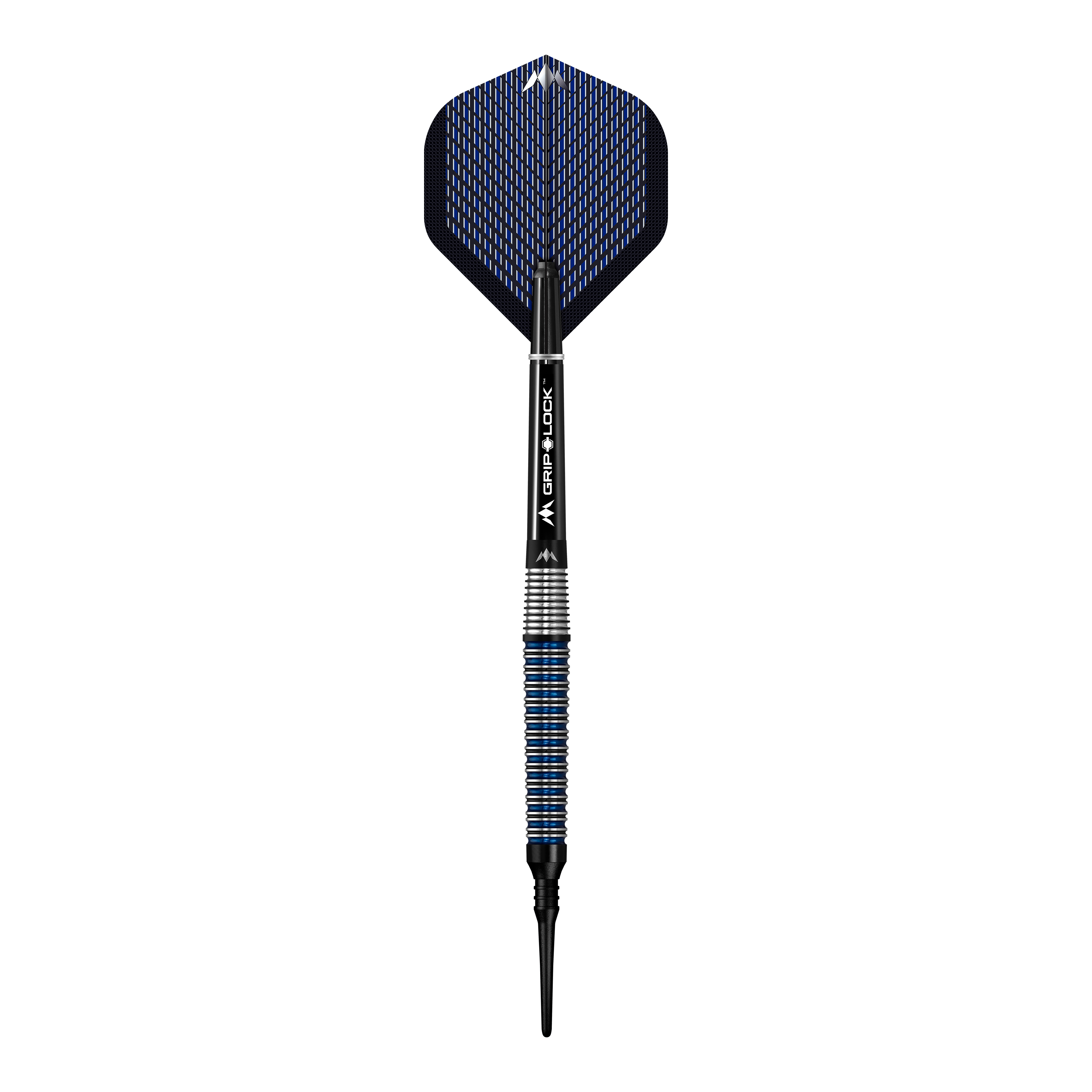 Mission Nightfall Model 2 Softdarts - 19g Das Bild zeigt einen Softdart mit dem Namen "Mission Nightfall Model 3 Softdarts - 20g". Der Dart hat ein modernes Design mit schwarzen und blauen Elementen.