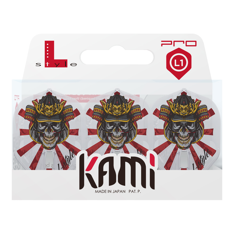 Das Bild zeigt eine Packung mit L-Style Robert Marijanovic V2 Samurai Clear L1PRO KAMI Flights. Auf den Flights ist ein Totenkopf mit einer Samurai-Helm-Grafik und roten Strahlen im Hintergrund abgebildet.