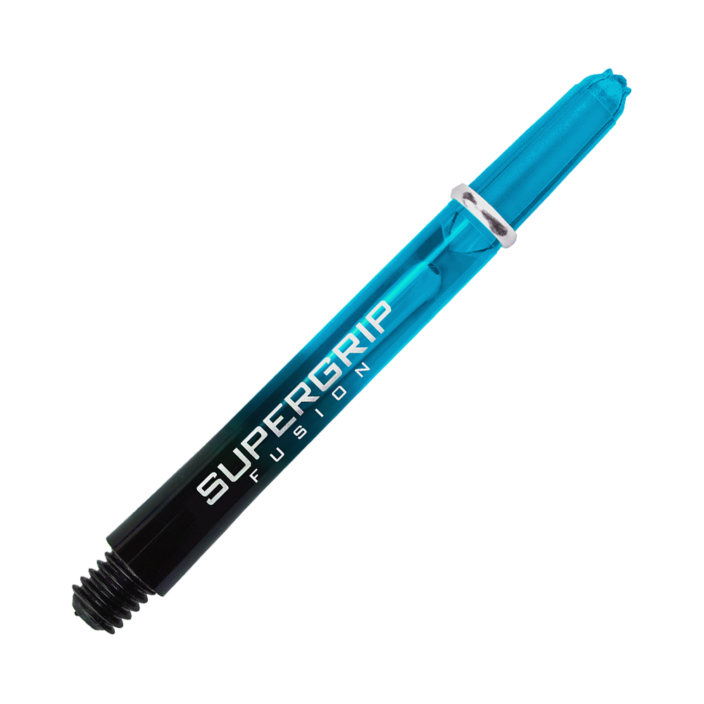 Das Bild zeigt einen Harrows Supergrip Fusion Shaft in der Farbe Aqua. Der Dart-Schaft liegt auf einem Hintergrund mit blauen und weißen Streifen.