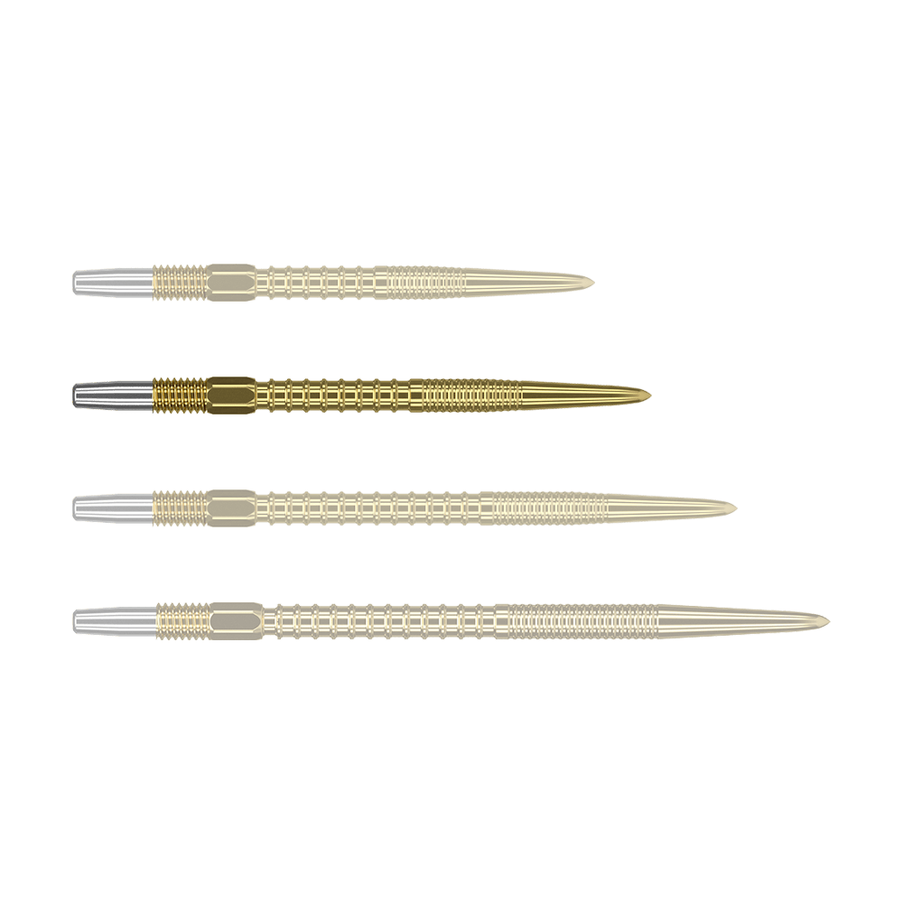Target Swiss Firepoint Gold Dartspitzen Das Bild zeigt vier goldfarbene Dartspitzen, die nebeneinander liegen. Die Spitzen haben einen silbernen Ansatz und eine gerillte Struktur.