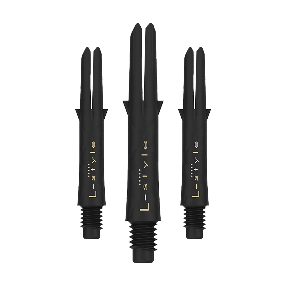 Das Bild zeigt drei schwarze Carbon Shafts für Dartpfeile der Marke L-Style. Die Shafts sind ohne Kappen und besitzen eine goldene Schrift.