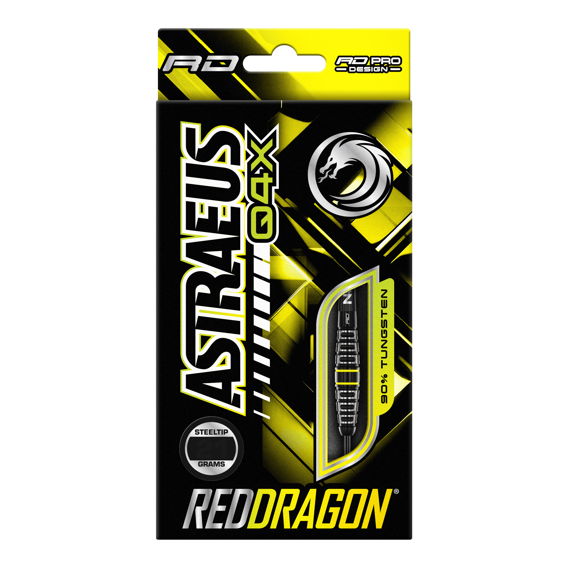 Die Abbildung zeigt die Verpackung der "Red Dragon Astraeus Q4X Torpedo Steeldarts". Das Design ist überwiegend schwarz und gelb, mit auffälligem Markenschriftzug und einer sichtbaren Abbildung eines Darts.