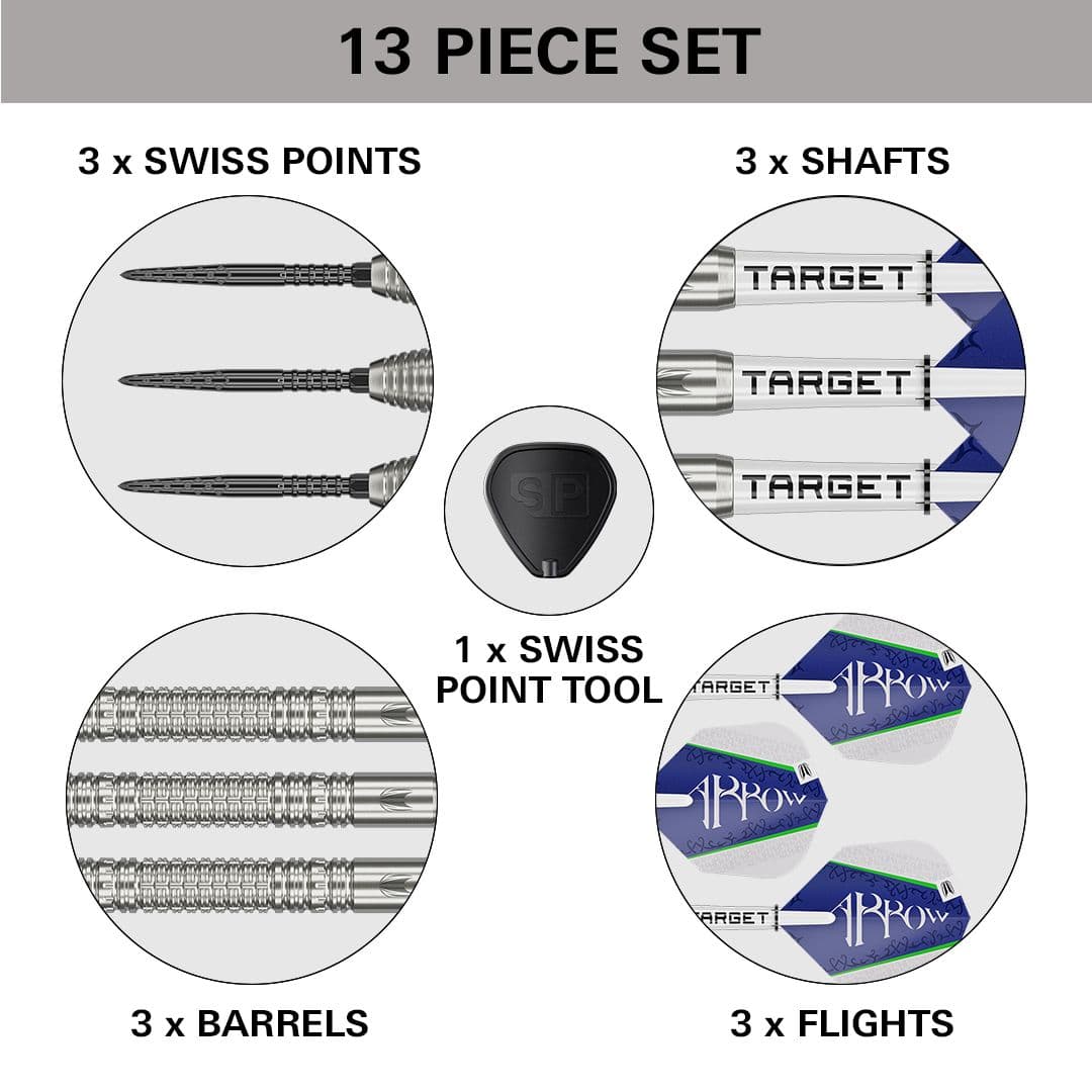 Target Shane McGuirk GEN1 Swiss Point Steeldarts - 23g Das Bild zeigt ein 13-teiliges Set des Produkts „Target Shane McGuirk GEN1 Swiss Point Steeldarts - 23g“. Enthalten sind 3 Swiss Points, 3 Shafts, 3 Barrels, 3 Flights und 1 Swiss Point Tool.