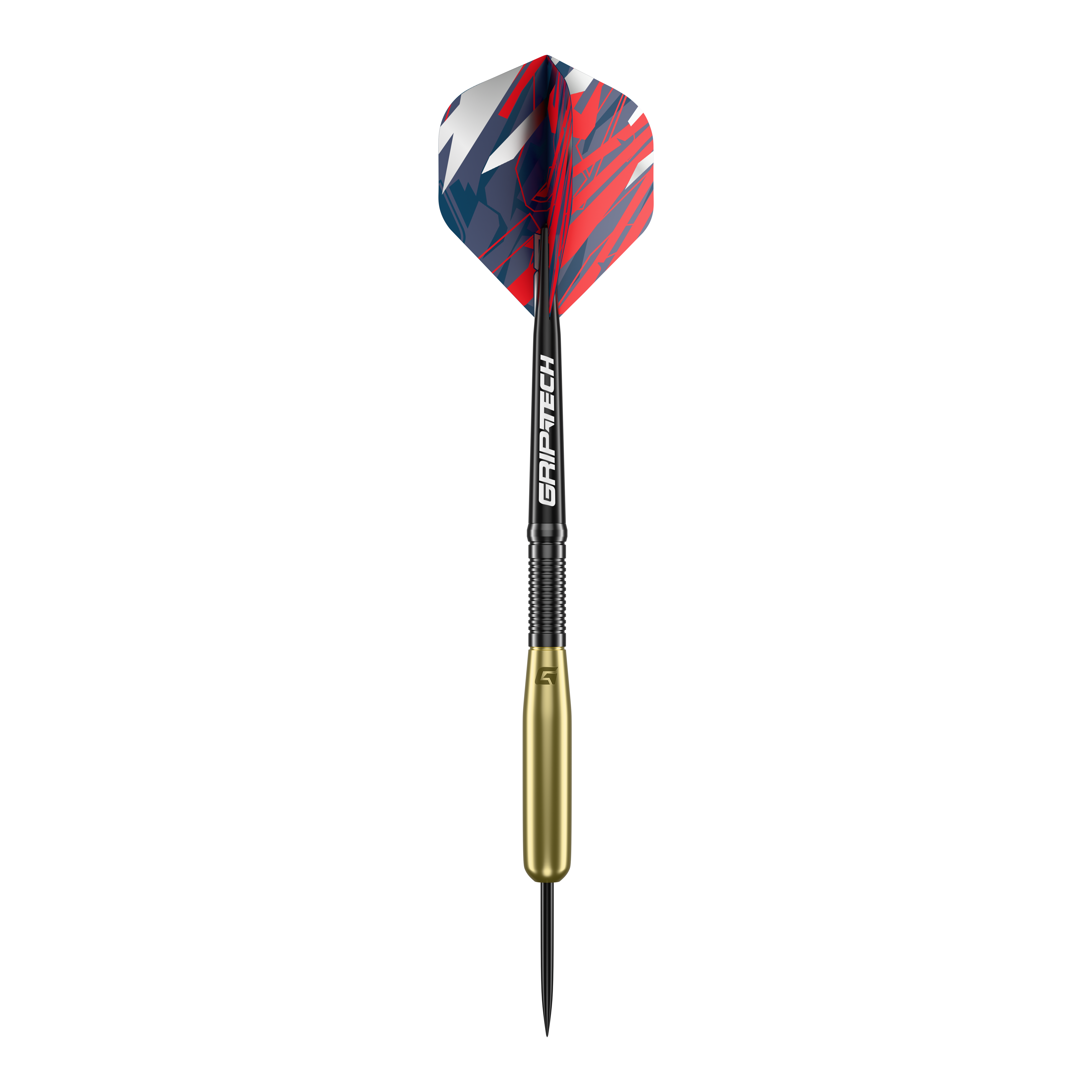 Dies ist ein GOAT Homerun Baseball Brass Steeldart mit einem Gewicht von 15g. Der Dart hat einen goldenen Messingkörper und eine farbige Flights mit rotem, blauem und weißem Muster.
