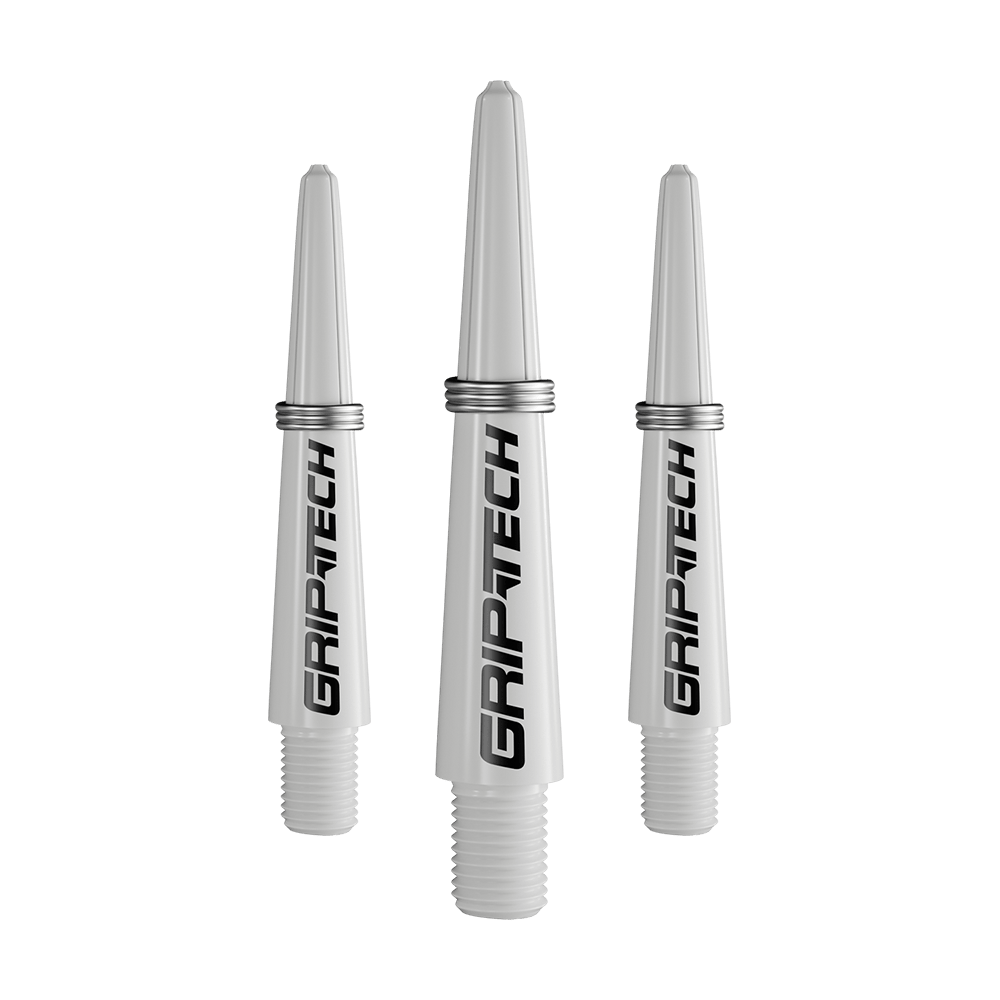 GOAT Griptech Shafts - Weiß Das Bild zeigt drei silberne Dartschäfte mit der Aufschrift "GRIPTECH". Sie sind aus Kunststoff und haben ein Schraubgewinde am unteren Ende.