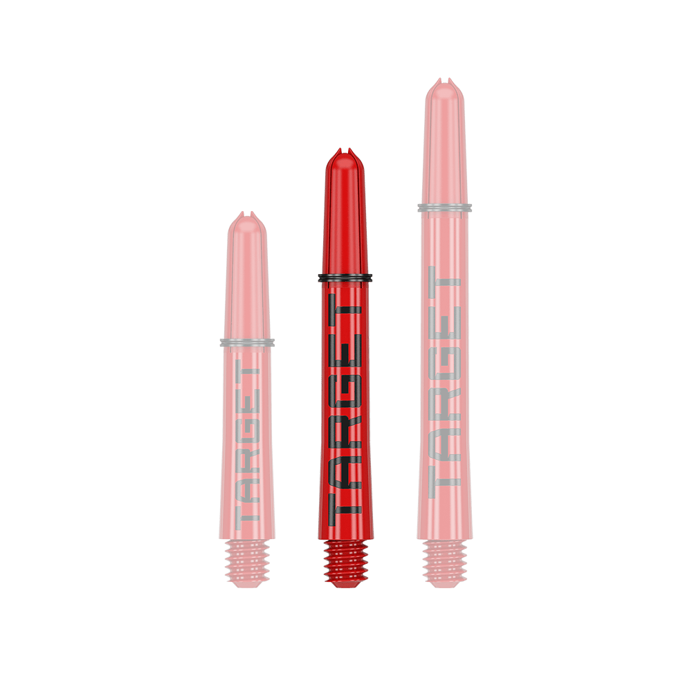 Target Pro Grip TAG Shafts - 3 Sets - Rot Das Bild zeigt drei rote Dartschäfte in verschiedenen Längen. Auf den Schäften steht in schwarzer Schrift das Wort "TARGET".