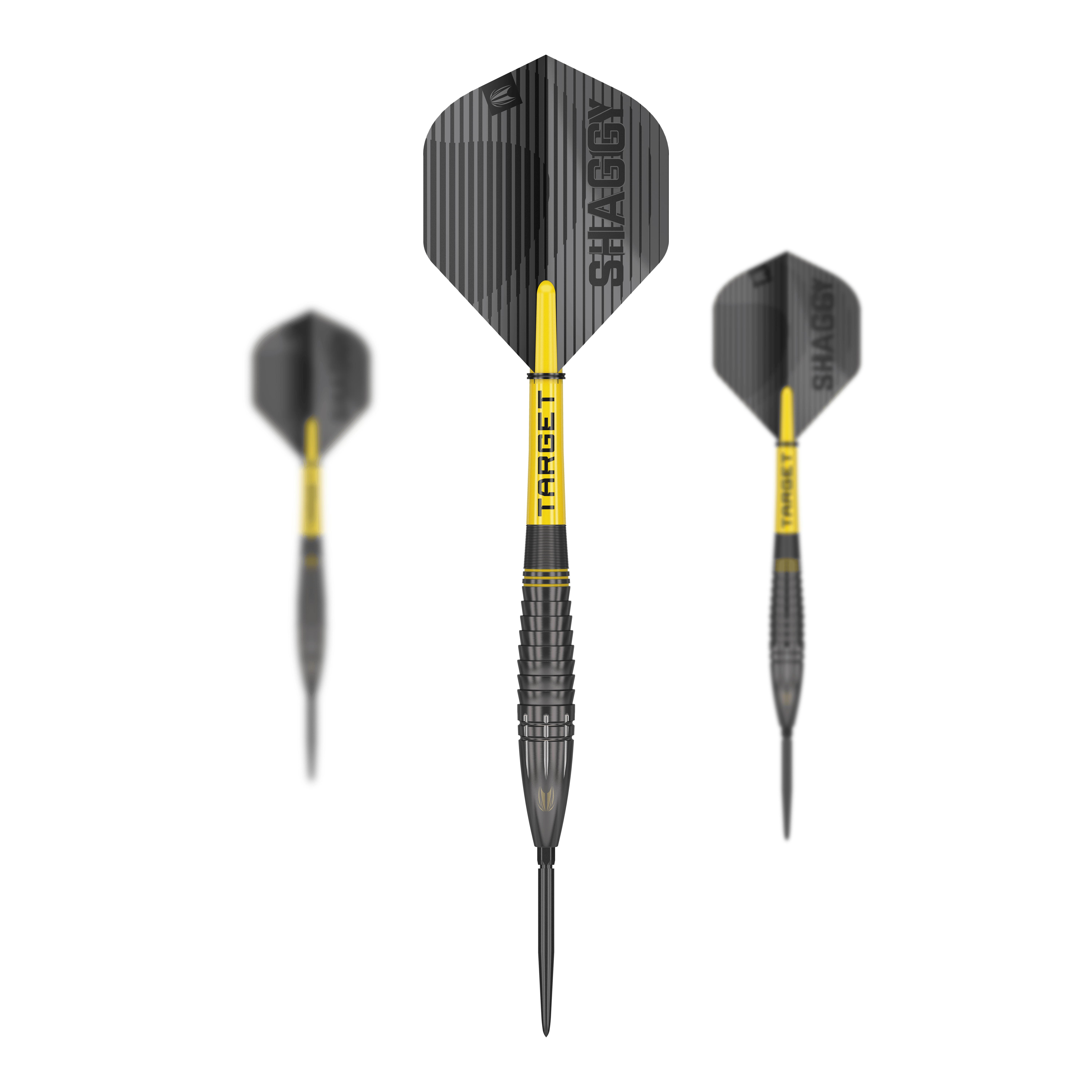 Das Bild zeigt drei Steeldarts des Modells "Target Scott Williams Shaggy Black Swiss Point". Die Darts sind überwiegend schwarz mit gelben Elementen und haben Flights mit der Aufschrift "SHAGGY".