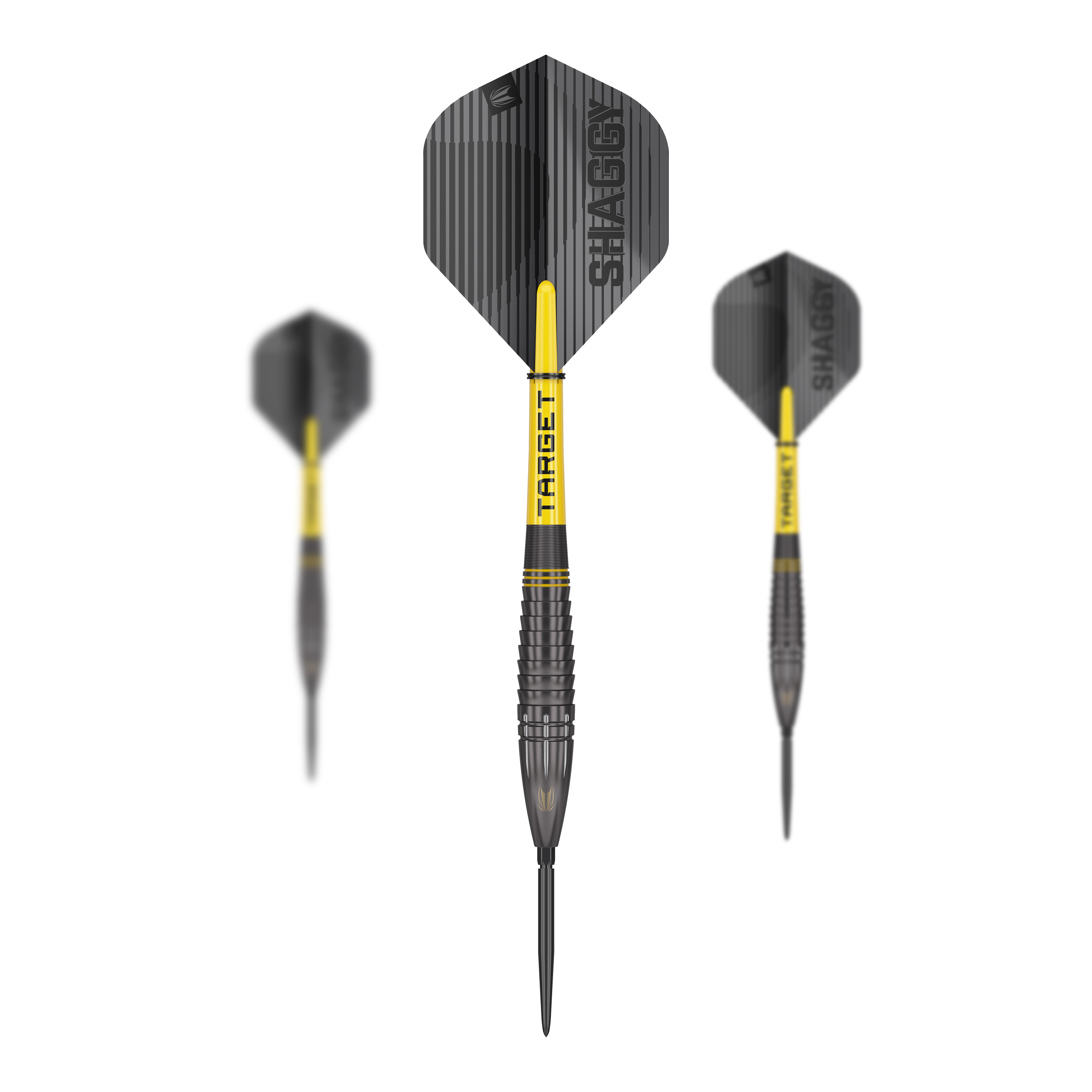 Target Scott Williams Shaggy Black Swiss Point Steeldarts Das Bild zeigt drei Steeldarts des Modells "Target Scott Williams Shaggy Black Swiss Point". Die Darts sind überwiegend schwarz mit gelben Elementen und haben Flights mit der Aufschrift "SHAGGY".