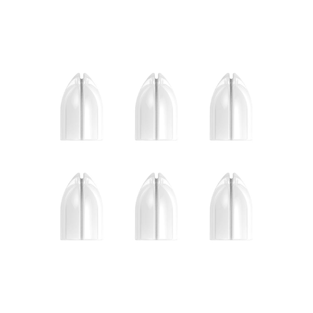 SLZ-524-L-Style-Shell-Lock-Ringe-Weiss-1 Das Bild zeigt sechs weiße L-Style Shell Lock Ringe, die in zwei Reihen angeordnet sind. Diese Ringe werden für die Befestigung von Dartflights verwendet.
