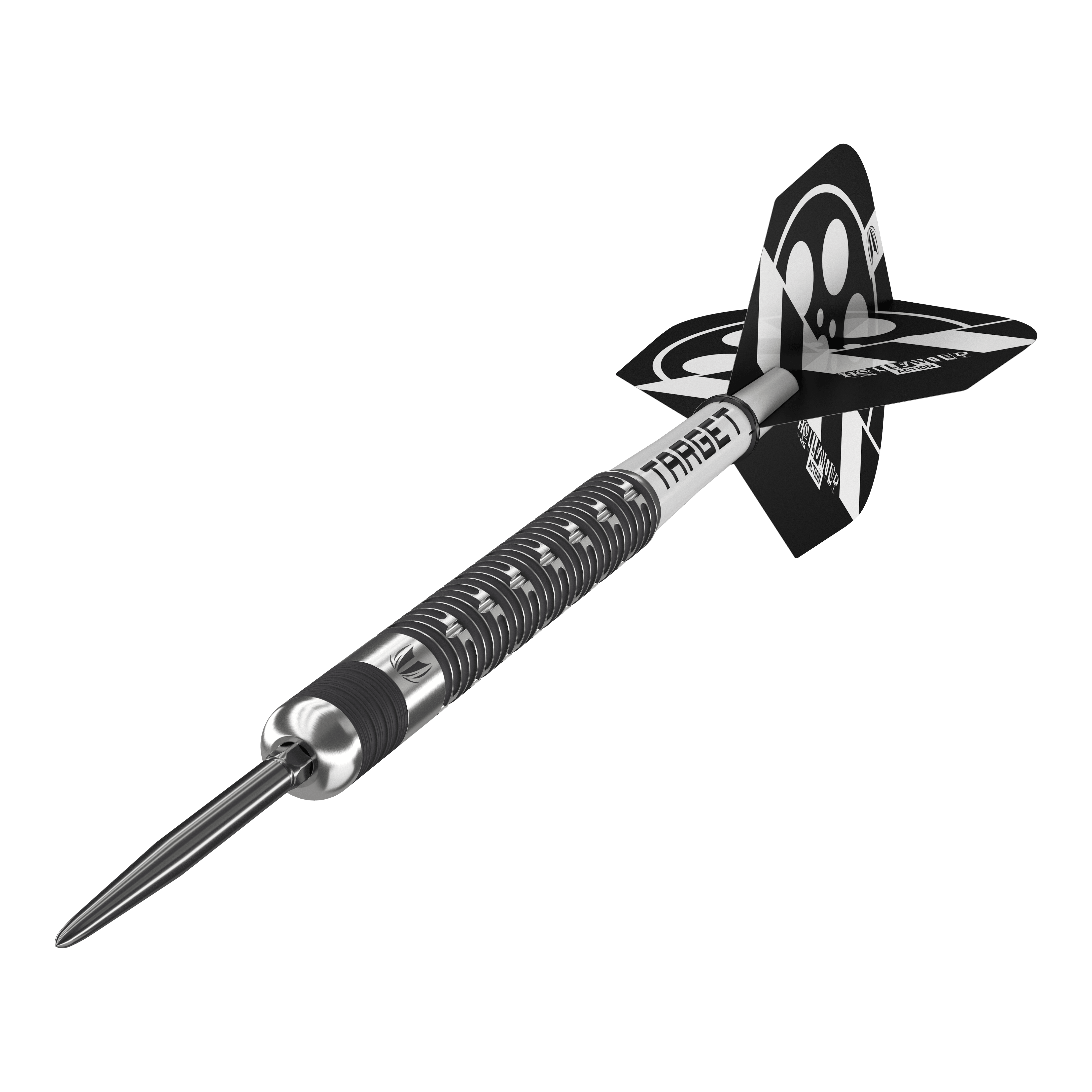 Auf dem Bild ist der Target Chris Dobey Hollywood Action Swiss Point Steeldart zu sehen. Der Dartpfeil hat ein modernes, schwarzes und silbernes Design mit auffälligen Flights.